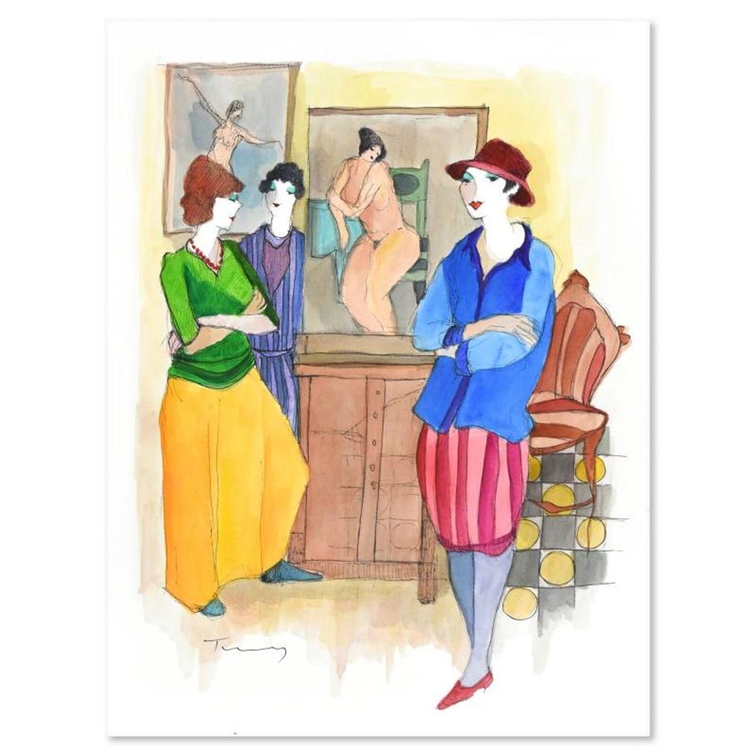 Itzchak Tarkay (1935-2012), Original Mixed Media Watercolor, Hand Signed with Certificate of: This is an original mixed media watercolor on paper by Itzchak Tarkay (1935-2012), hand signed by the artist. Includes Certificate of Authenticity. Measures approx. 11" x 14" (image).
