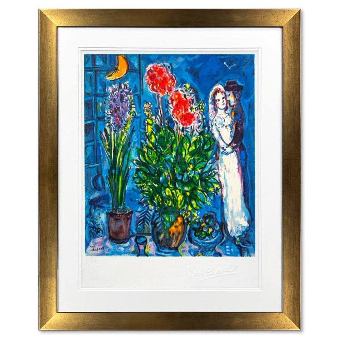 Marc Chagall (1887-1985), "Les Maries" Framed Limited Edition Lithograph with Letter of: Les Maries is a framed limited edition lithograph on paper by Marc Chagall (1887-1985). Printed by Atelier Tete a Tete in Paris and authorized by the Chagall Estate and ADAGP Paris , the piece is