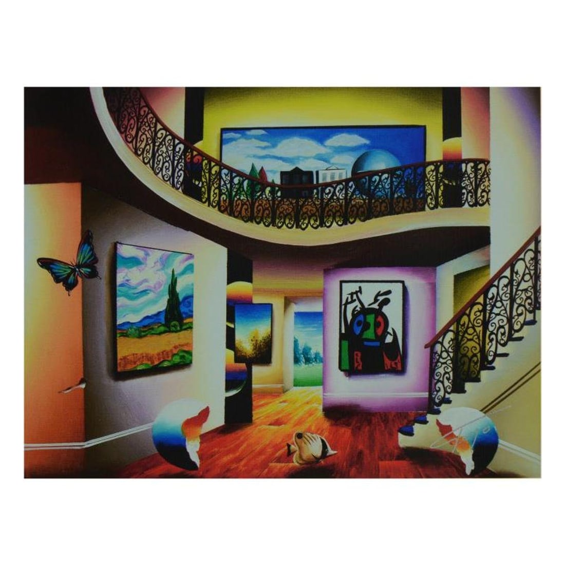 Ferjo, "Cornfield with Magritte and Miro" Limited Edition on Canvas, Numbered and Signed with Letter: Cornfield with Magritte and Miro is a limited edition giclee on canvas, bearing Ferjo's authorized signature. Includes Letter of Authenticity. Measures approx. 12" x 9" (image). This item requires