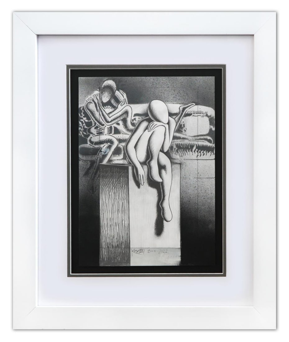 Mark Kostabi- Original Drawing on Paper "On The Edge of Desire": Artist: Mark Kostabi. Medium: Original Drawing on Paper. Title: On The Edge of Desire. Size: 14" x 10". Measures approx. 21" x 17" (framed). Signature: Hand Signed by the artist. Certificate of Authen