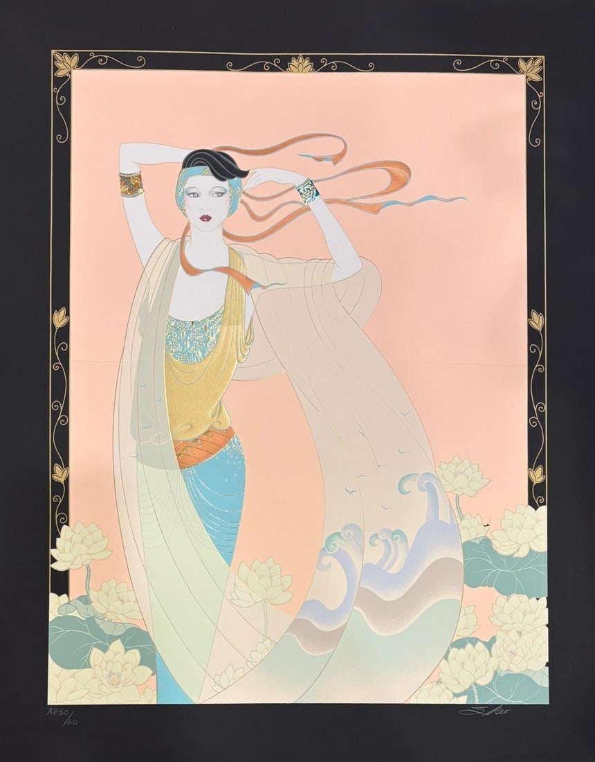 Lilian Shao- Serigraph with gold embossing: Artist: Lilian Shao. Medium: Serigraph with gold embossing. Size: 28" x 38". Signature: Signed and numbered. Additional: Condition : handling marks refer to images - sold as is. Reference#: 83743.