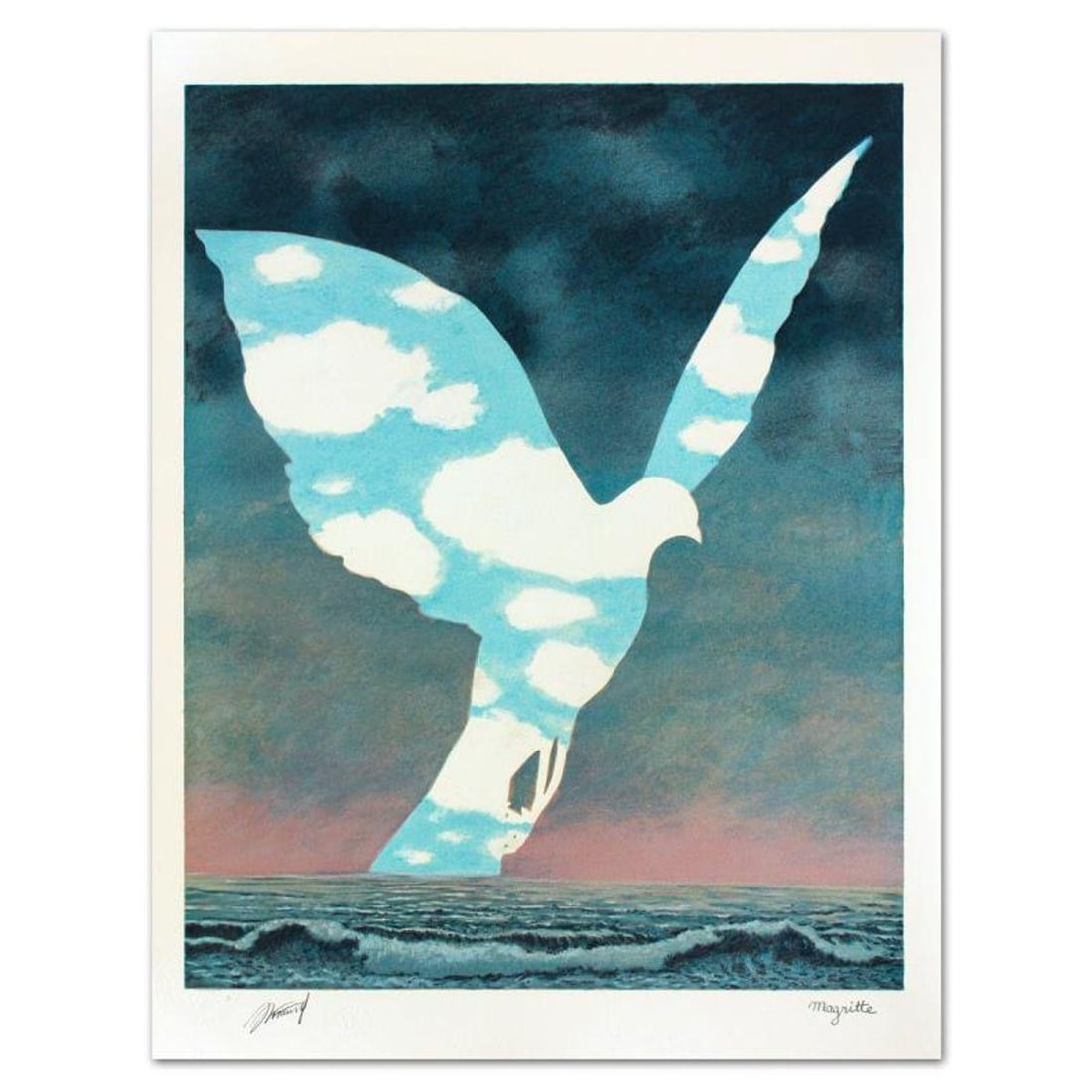 Rene Magritte (1898-1967), "La Grande Famille" Limited Edition Lithograph with Letter of: La Grande Famille is a limited edition lithograph on paper by Rene Magritte (1898-1967). Printed by Atelier Mourlot in Paris and authorized by the Magritte Foundation and ADAGP Paris , the piece is pl