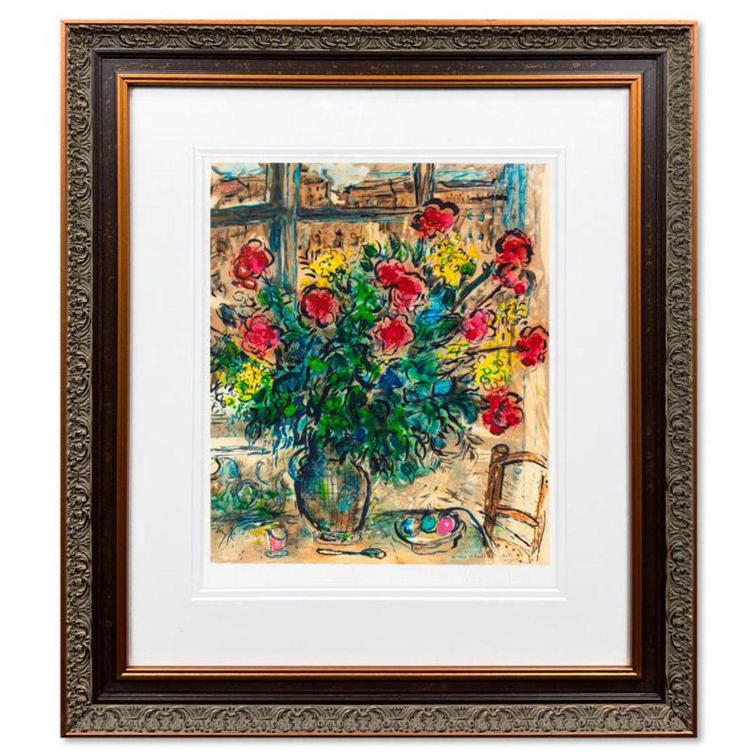 Marc Chagall (1887-1985), "Le Bouquet Devant La Fenetre" Framed Limited Edition Lithograph with: Le Bouquet Devant La Fenetre is a framed limited edition lithograph on paper by Marc Chagall (1887-1985). Printed by Atelier Tete a Tete in Paris and authorized by the Chagall Estate and ADAGP Paris ,