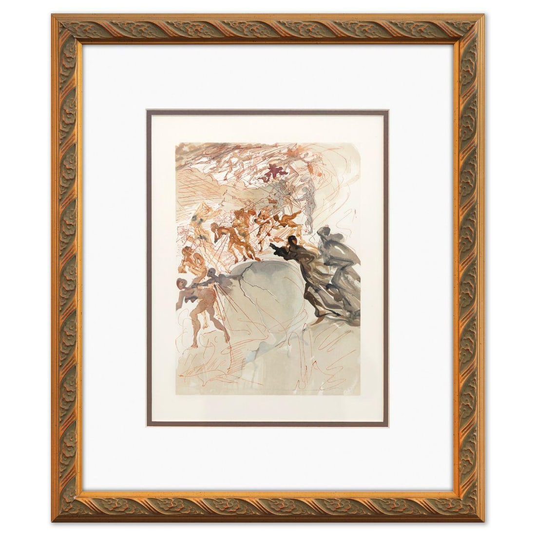 Salvador Dali- Original Color Woodcut on B.F.K. Rives Paper "Purgatory 25": Artist: Salvador Dali. Medium: Original Color Woodcut on B.F.K. Rives Paper. Title: Purgatory 25. Size: 13" x 10". Measures approx. 20" x 17" (framed). Certificate of Authenticity: Is included. Additi