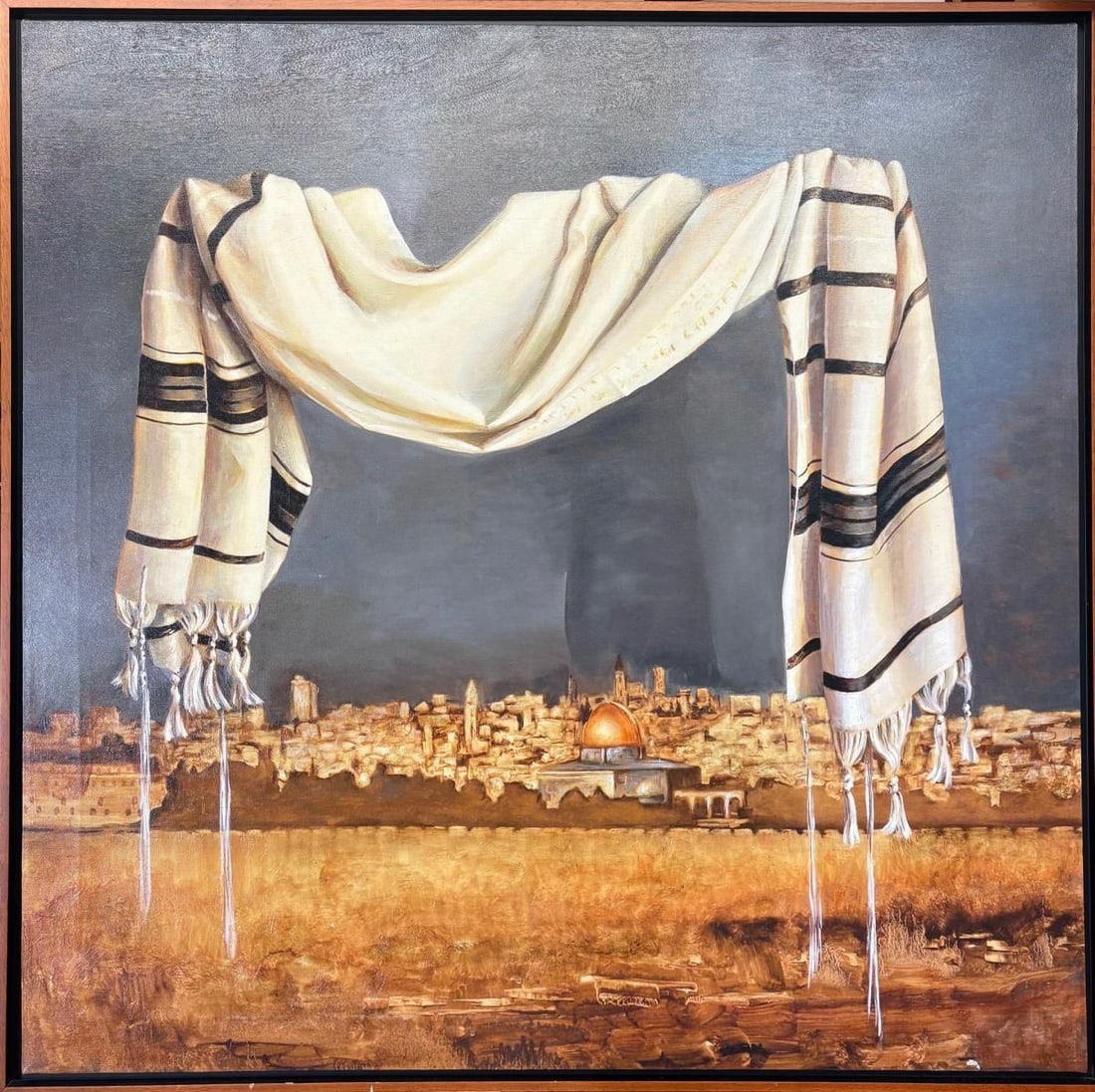 Conchita- Embellished giclee on canvas "Tallit Over Jerusalem": Artist: Conchita. Medium: Embellished giclee on canvas. Title: Tallit Over Jerusalem. Size: 40" x 40". Reference#: 33363.