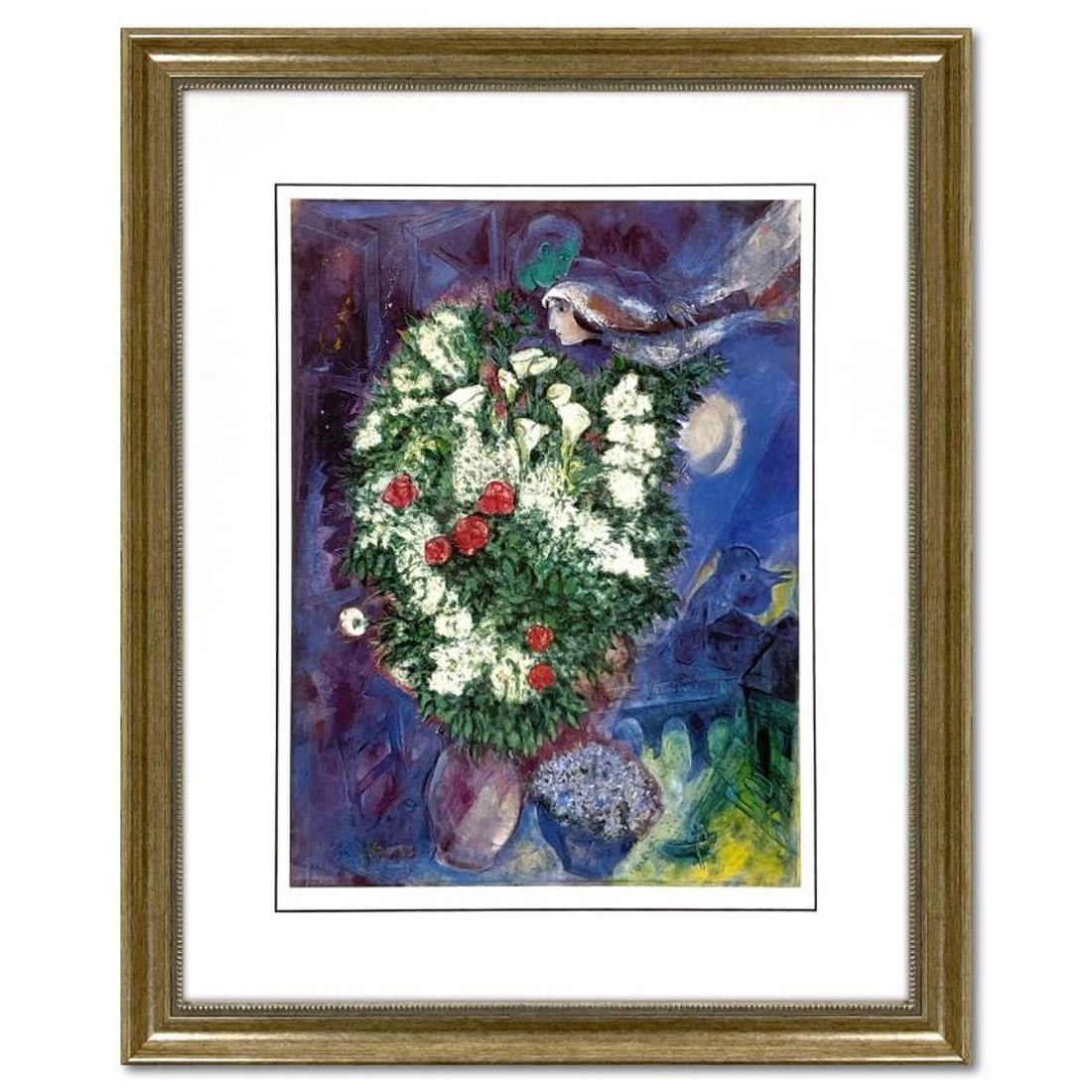 Marc Chagall (1887-1985), "Bouquet with Flying Lover" Framed Offset Lithograph with Letter of: Bouquet with Flying Lover is an offset lithograph on paper by Marc Chagall (1887-1985). This piece was published as a poster for the Tate Gallery in London, England in 1985. This piece comes custom fr