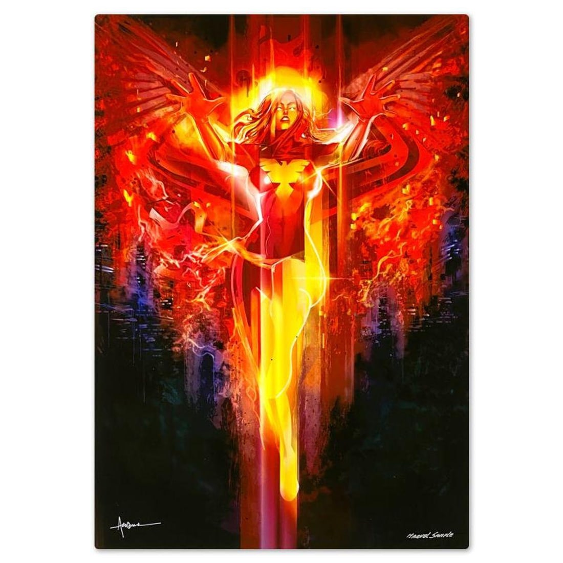 Marvel Comics & Orlando Arocena, "Dark Phoenix" Signed Giclee on Aluminum with Letter of: Dark Phoenix is a giclee on aluminum from Marvel Comics and Jeehyung Lee, bearing the authorized signature of the artist. This piece is a production sample from a licensed limited edition. Includes Le
