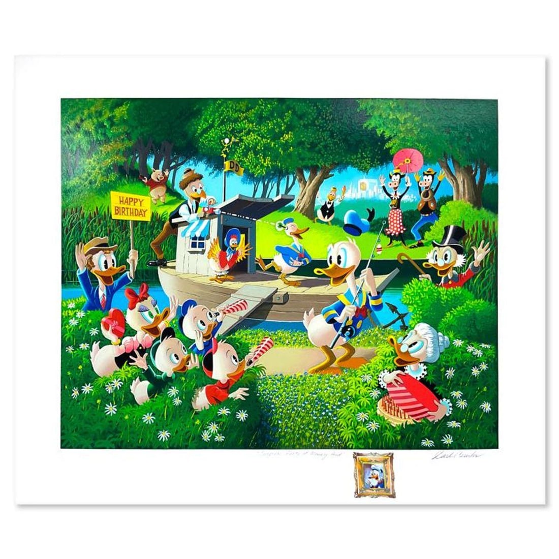 Carl Barks (1901-2000), "Surprise Party at Memory Pond" Limited Edition Serigraph with Remarque from: Surprise Party at Memory Pond is a limited edition serigraph with remarque on paper by Carl Barks (1901-2000), numbered and hand signed by the artist. This piece is licensed by Disney Fine Art. Includ