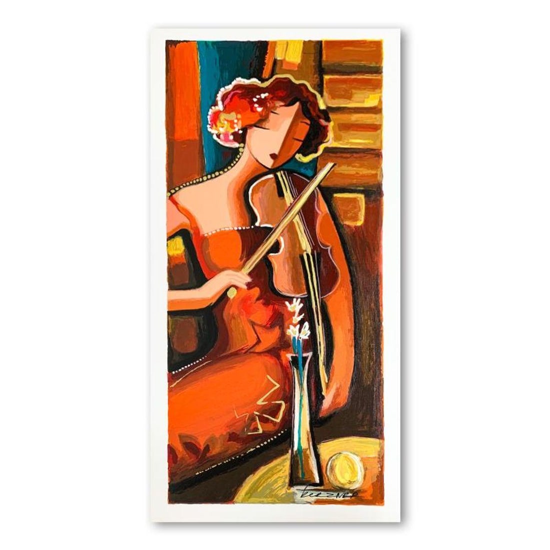 Michael Kerzner, "The Violinist" Hand Signed Limited Edition Serigraph on Paper with Letter of: The Violinist is a limited edition serigraph on paper by Michael Kerzner. It is numbered and hand signed and includes a letter of authenticity. Measures approximately 23" x 9.5" (image). Reference#: 9