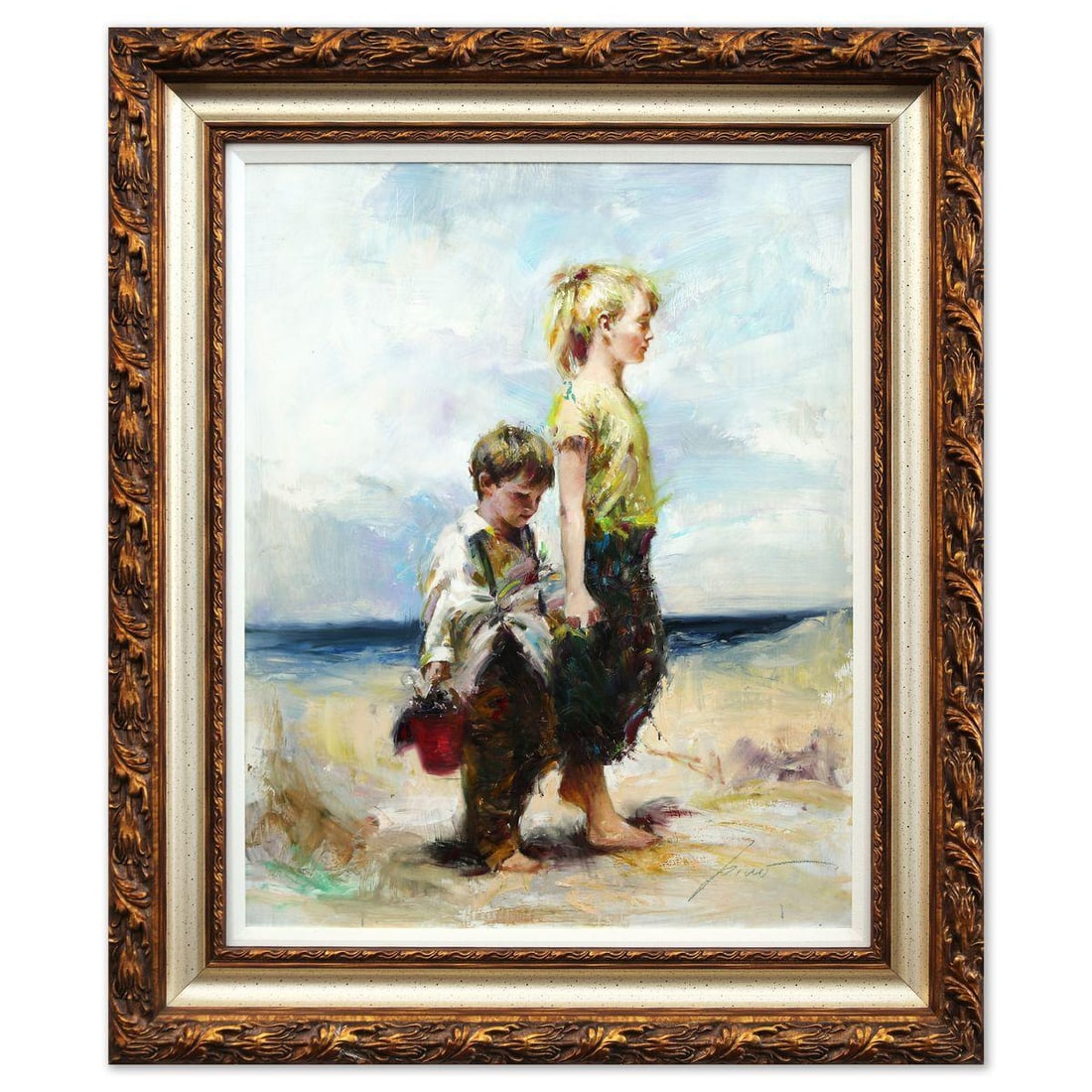 Pino- Original Oil Painting on Board "Mediteranean Breeze": Artist: Pino. Medium: Original Oil Painting on Board. Title: Mediteranean Breeze. Size: 29" x 23". Measures approx. 40" x 34" (framed). Signature: Hand signed. Certificate of Authenticity: Is