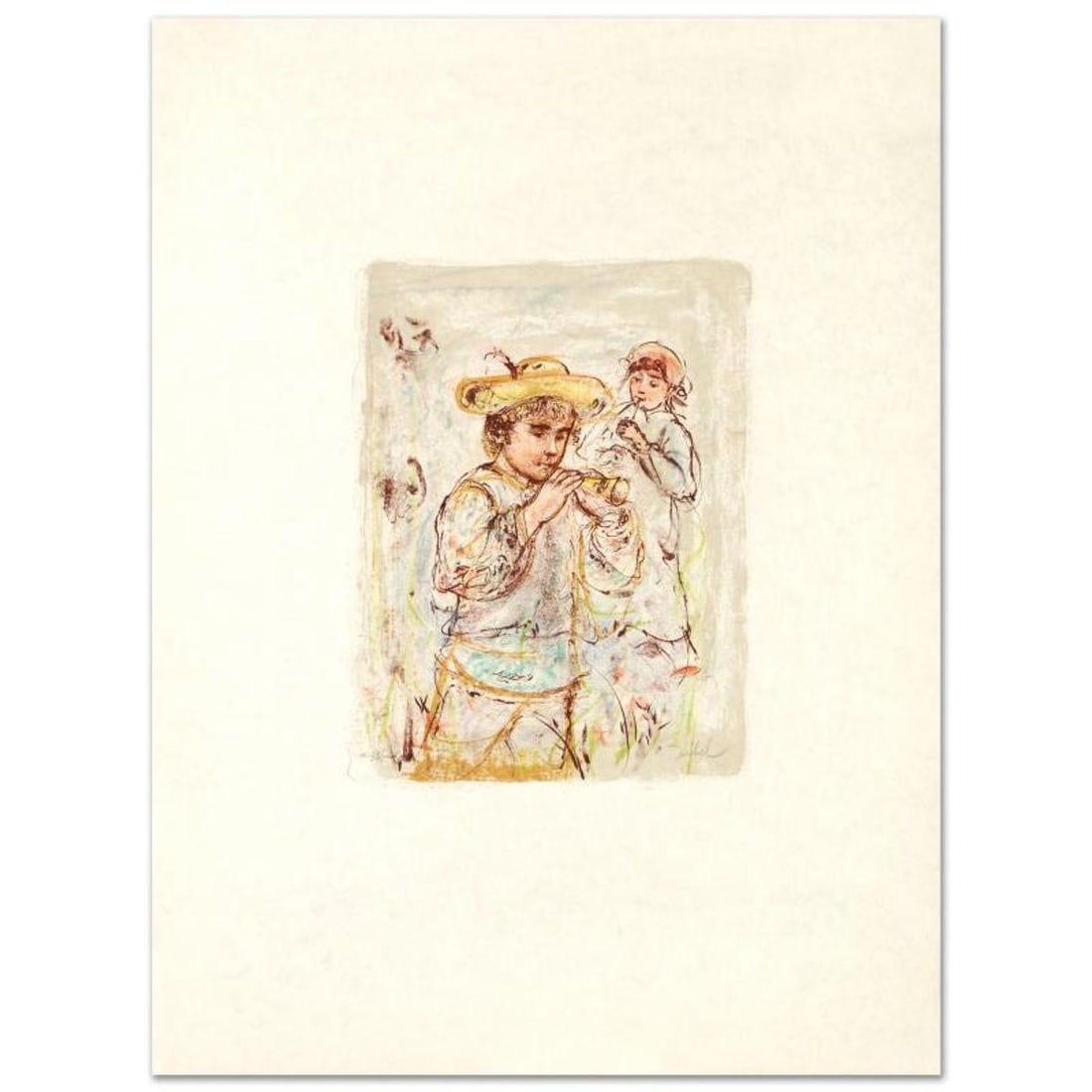 Boy with Horn Limited Edition Lithograph by Edna Hibel (1917-2014), Numbered and Hand Signed with: Boy with Horn is a limited edition lithograph on rice paper, numbered and hand signed by Edna Hibel (1917-2014). Includes Certificate of Authenticity! Measures approx. 22.5" x 30" (with border), 11"