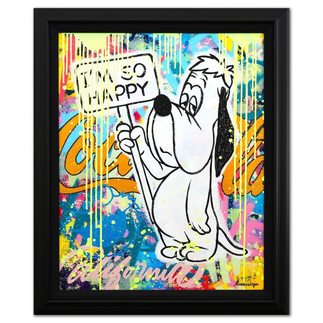 Nastya Rovenskaya- Original Oil on Canvas "Pop Art Pup": Artist: Nastya Rovenskaya. Medium: Original Oil on Canvas. Title: Pop Art Pup. Size: 30" x 24". Measures approx. 36" x 29" (framed). Signature: Hand Signed. Certificate of Authenticity: Is included.