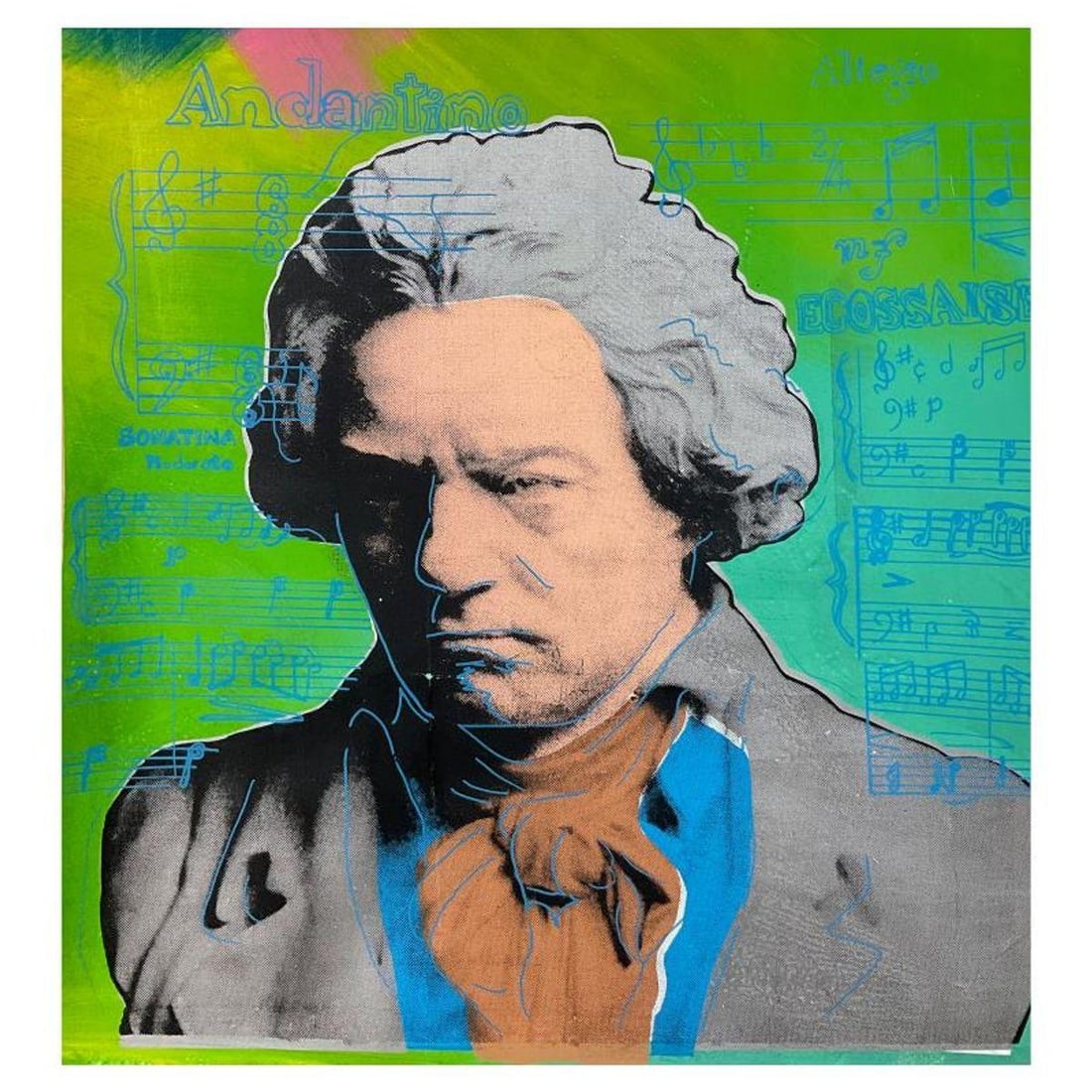 Steve Kaufman (1960-2010), "Beethoven" Hand Painted, Hand Pulled Unique Variation Silkscreen on: Beethoven is a hand painted, hand pulled unique variation silkscreen on canvas by Andy Warhol protege, Steve Kaufman (1960-2010). This piece is RR numbered 19/100 and hand signed inverso by the artist