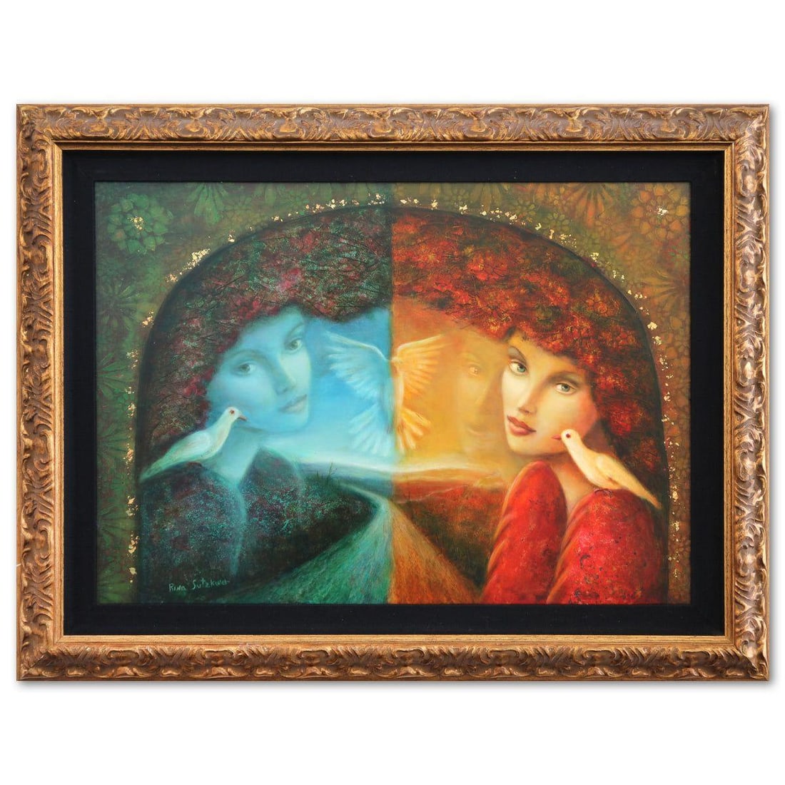 Rina Sutzkever- Oil on Masonite "Day and Night": Artist: Rina Sutzkever. Medium: Oil on Masonite. Title: Day and Night. Size: 20" x 28". Measures approx. 27" x 35" (framed). Signature: Hand Signed. Additional: Year:2006. Reference#: 74480.