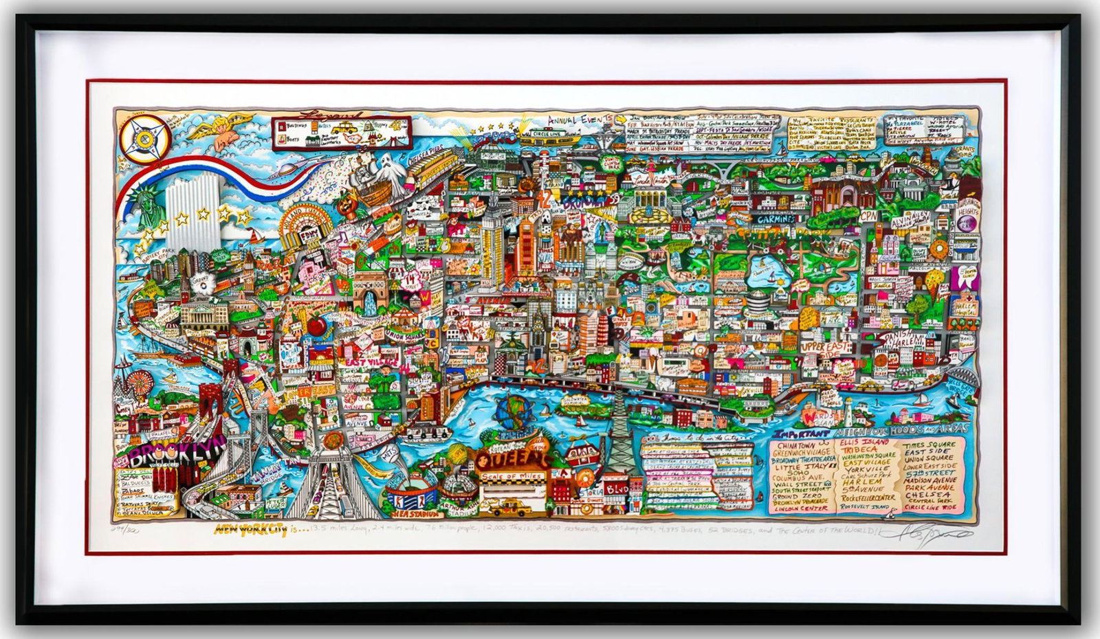 Charles Fazzino- 3D Construction Silkscreen Serigraph "NEW YORK IS"(Red)": Artist: Charles Fazzino. Medium: 3D Construction Silkscreen Serigraph. Title: NEW YORK IS"(Red). Size: 22" x 44". Measures approx. 30" x 51.5" (framed). Signature: Hand Signed and Numbered by the arti