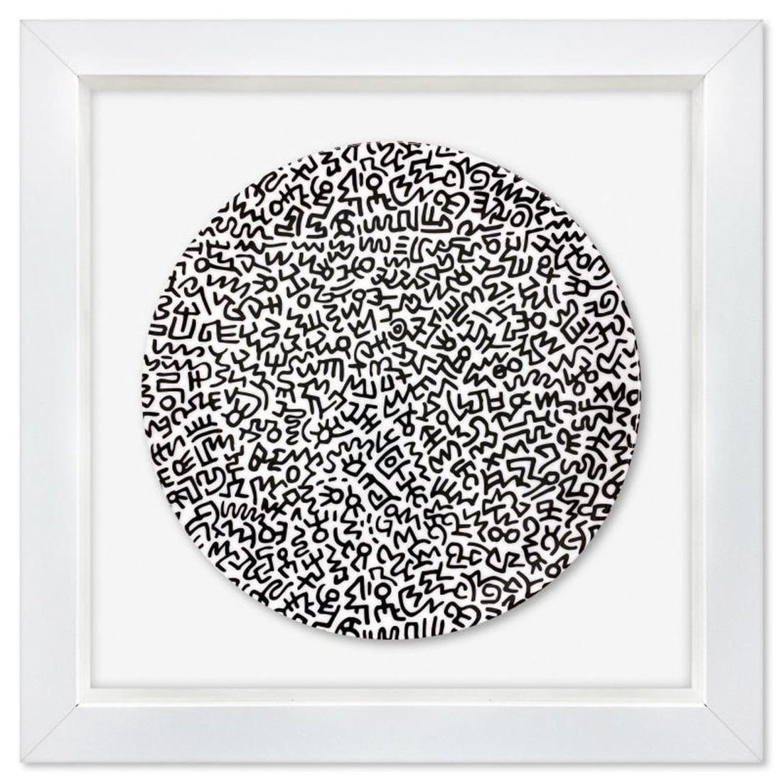 Keith Haring (1958-1990), "Black Pattern" Framed Limoges Porcelain Plate.: Black Pattern is a Limoges porcelain plate bearing the plate signature inverso of Keith Haring (1958-1990). This plate is custom framed and floated on linen. Measures approx. 15" x 15" (frame), 10" (p