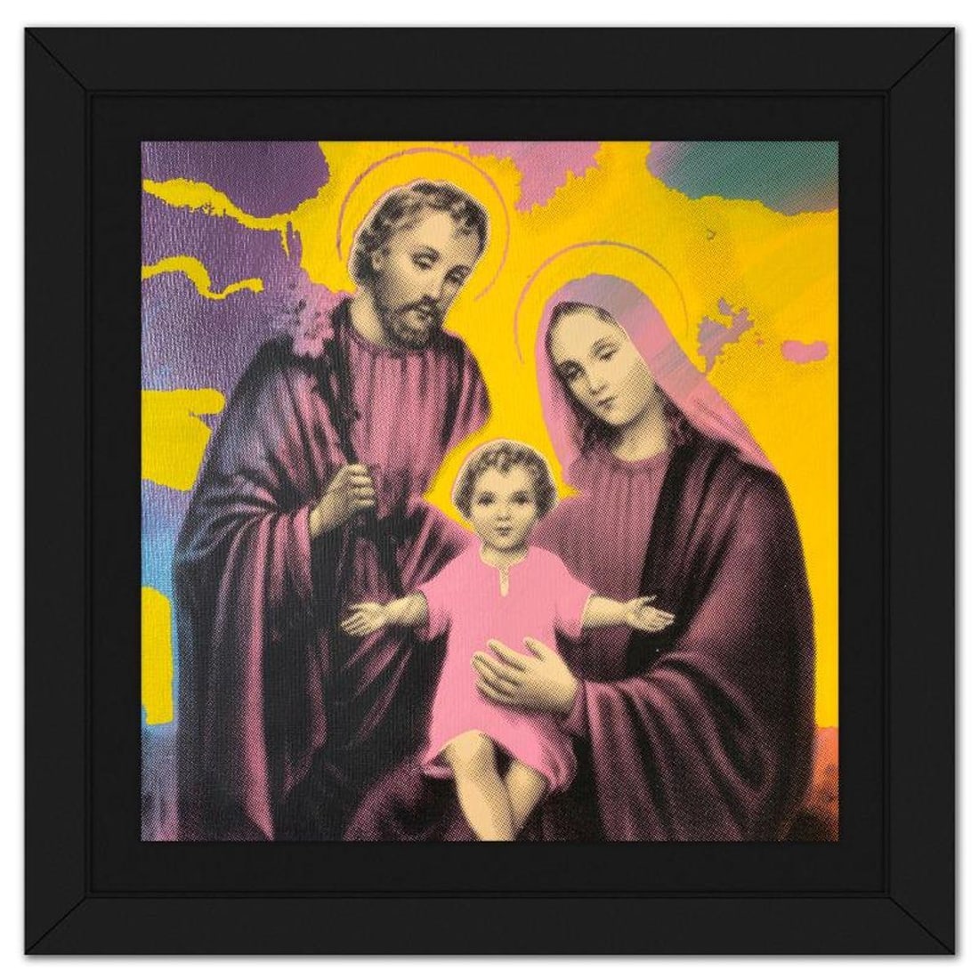 Steve Kaufman (1960-2010), "Mary Joseph and Baby Jesus" Framed Hand Embellished Limited Edition: Mary Joseph and Baby Jesus is a hand embellished limited edition silkscreen on canvas by Andy Warhol protege, Steve Kaufman (1960-2010), numbered 14/200 inverso and hand signed by the artist. This pie
