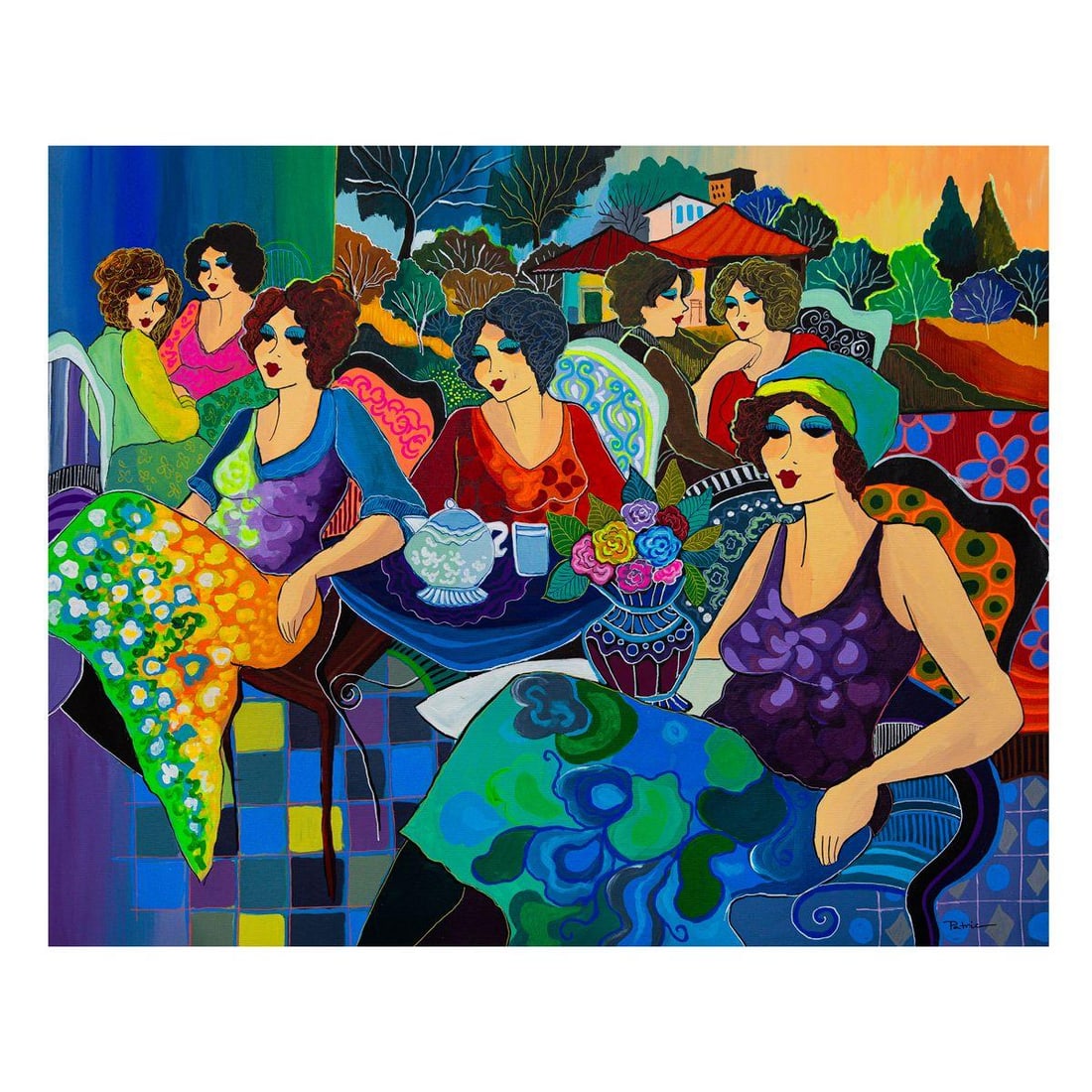 Patricia Govezensky- Original Acrylic on Canvas "Tea Among Friends": Artist: Patricia Govezensky. Medium: Original Acrylic on Canvas. Title: Tea Among Friends. Size: 24" x 30". Signature: Hand Signed by the Artist. Certificate of Authenticity: Is included. Reference#: