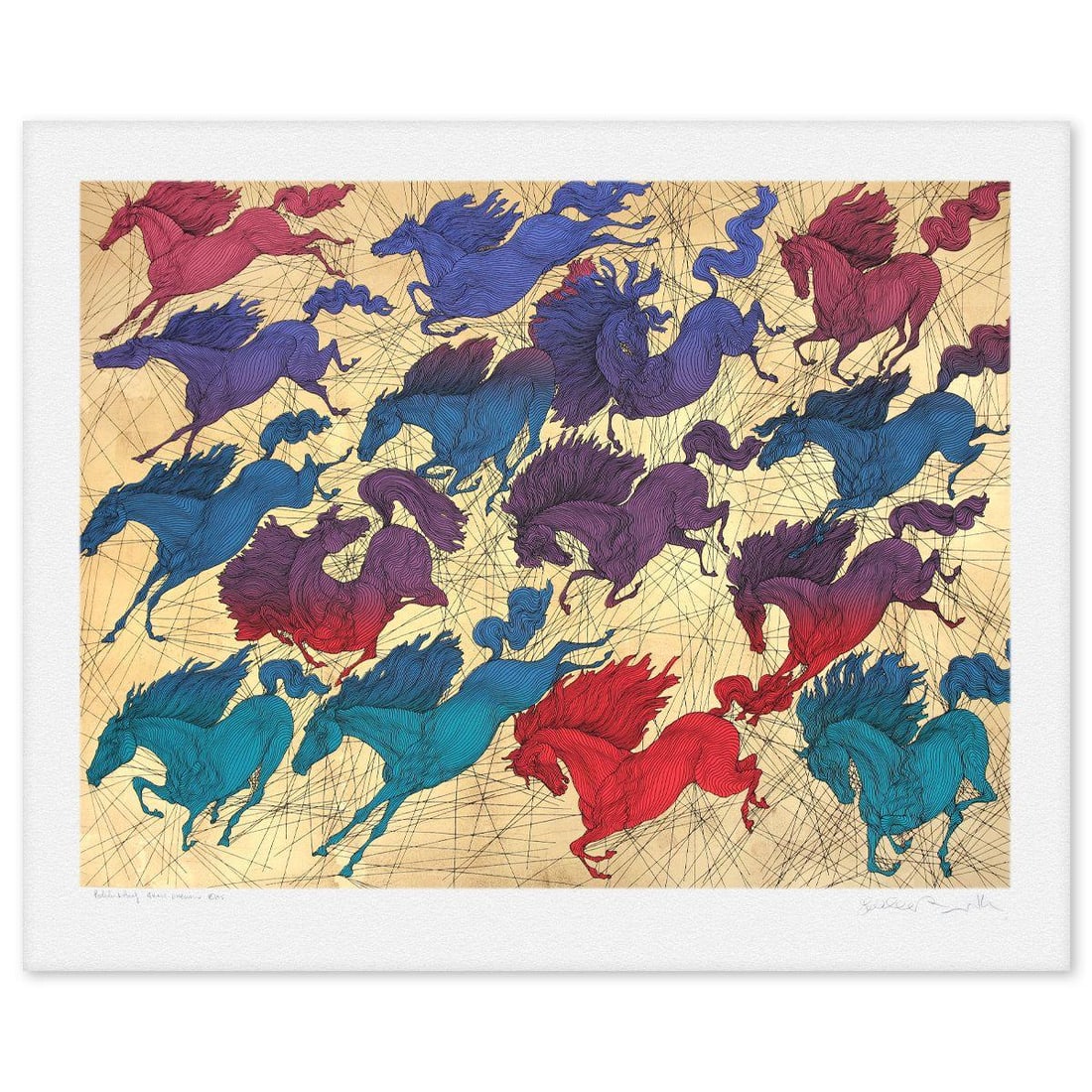 Guillaume Azoulay- Gold Leaf Silkscreen "Quinze Chevaux": Artist: Guillaume Azoulay. Medium: Gold Leaf Silkscreen. Title: Quinze Chevaux. Size: 37" x 45". Signature: Hand Signed and Numbered. Reference#: 74610.