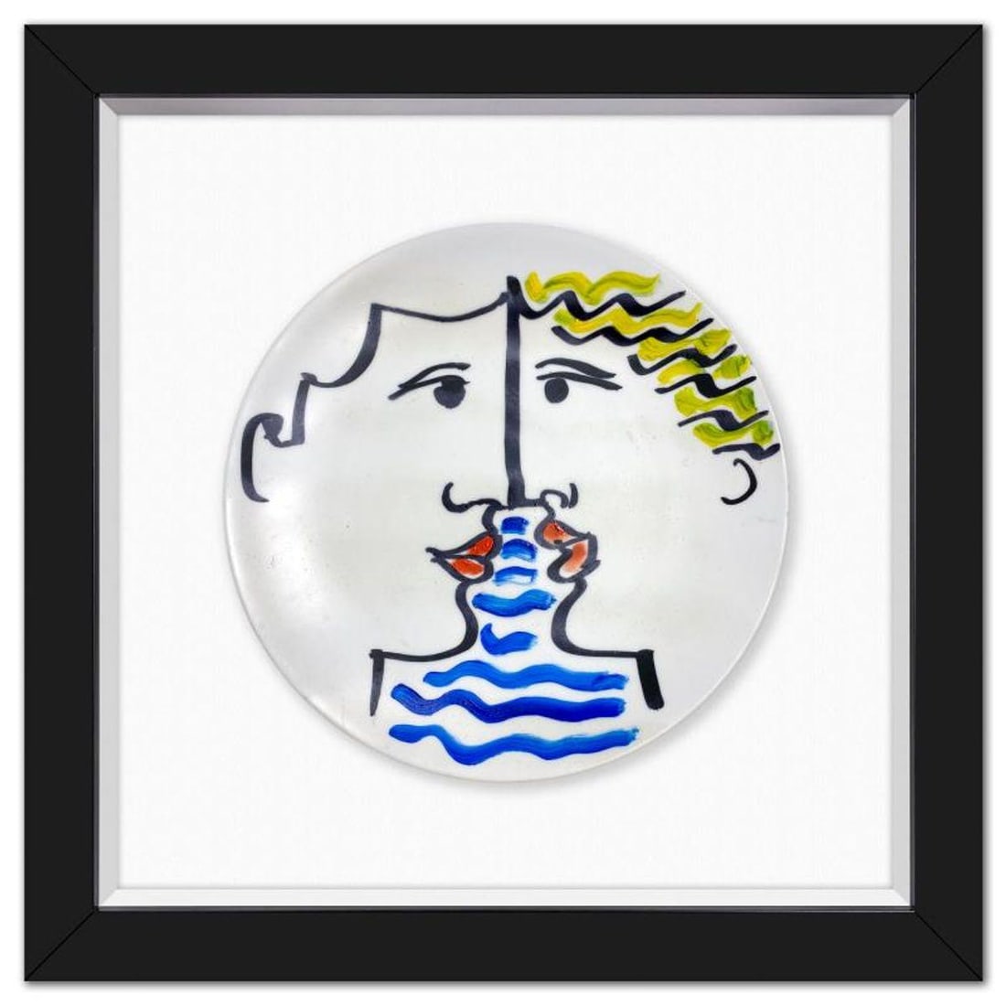 Yuroz, Framed Hand Painted Ceramic Plate, Hand Signed with Letter of Authenticity.: This is a hand painted ceramic plate by Yuroz, hand signed by the artist. This piece comes custom framed floated on linen. Includes Letter of Authenticity. Measures approx. 14" x 14" (frame), 8.5"