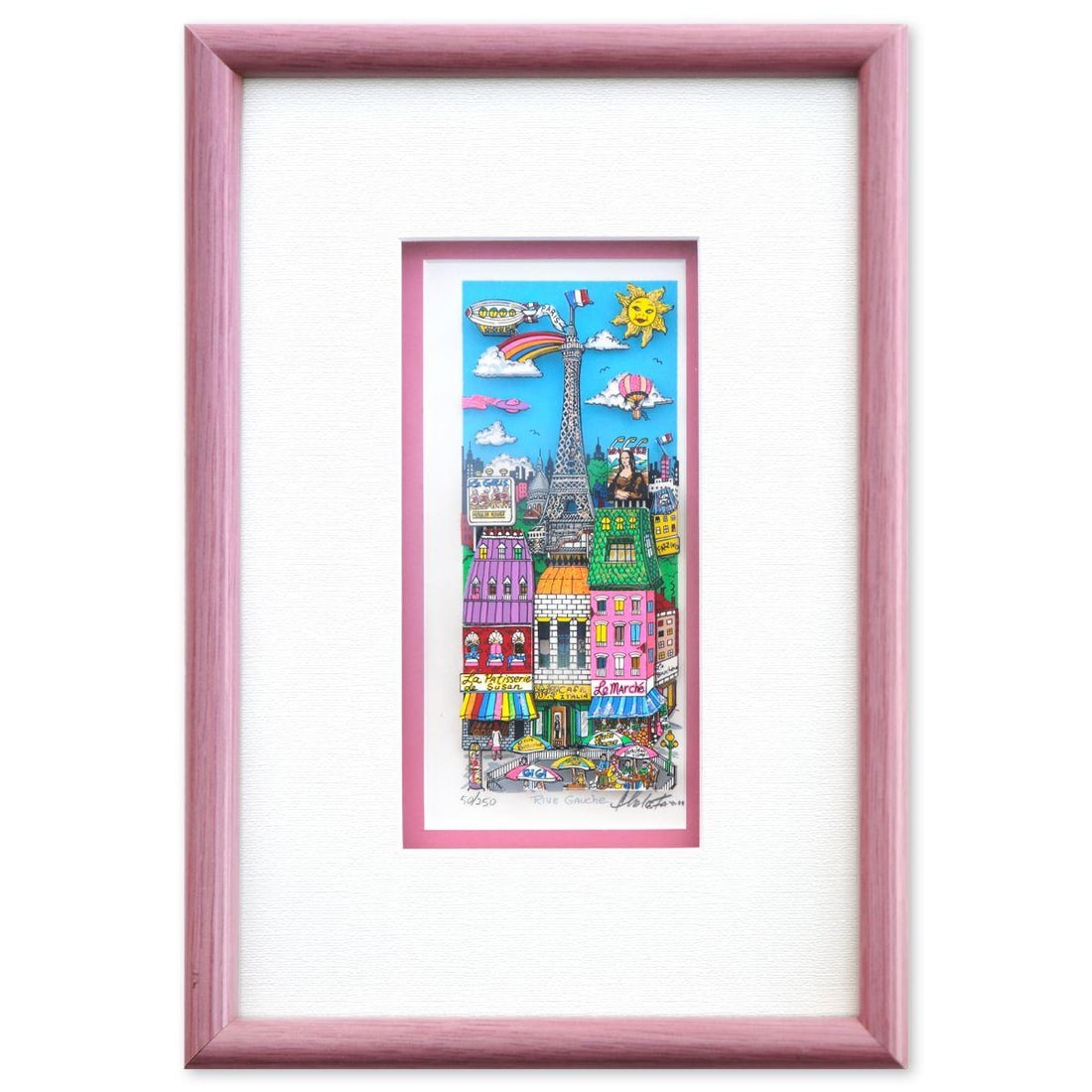 Charles Fazzino- 3D Construction Silkscreen Serigraph "River Gauche": Artist: Charles Fazzino. Medium: 3D Construction Silkscreen Serigraph. Title: River Gauche. Size: 8" x 4". Measures approx. 13" x 9" (framed). Signature: Hand Signed and numbered. Certificate of Authe