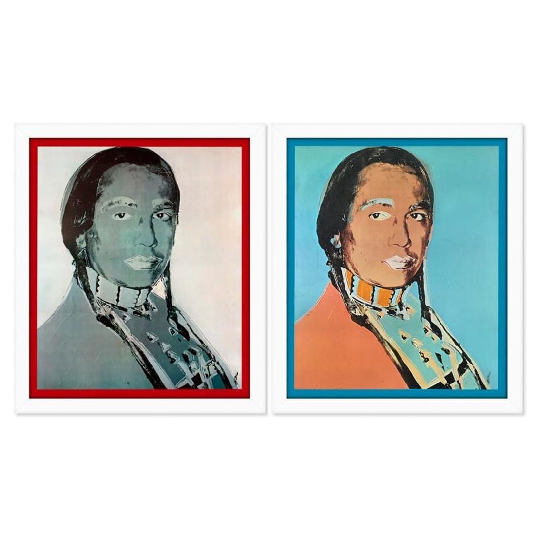 Andy Warhol (1928-1987), "The American Indian Series 2 Piece Set (Red 1976 & Blue 1977)" Framed: The American Indian Series (Red 1976 & Blue 1977) is a 2 piece set of vintage lithographs by Andy Warhol (1928-1987) cropped from the Ace Gallery posters. This set comes custom framed. Includes Letter