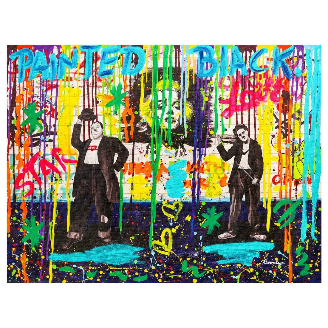 Nastya Rovenskaya- Original Mixed Media on Canvas "Chaplin and Hardy": Artist: Nastya Rovenskaya. Medium: Original Mixed Media on Canvas. Title: Chaplin and Hardy. Size: 30" x 40". Signature: Hand Signed by the artist. Certificate of Authenticity: From the publisher. Ref