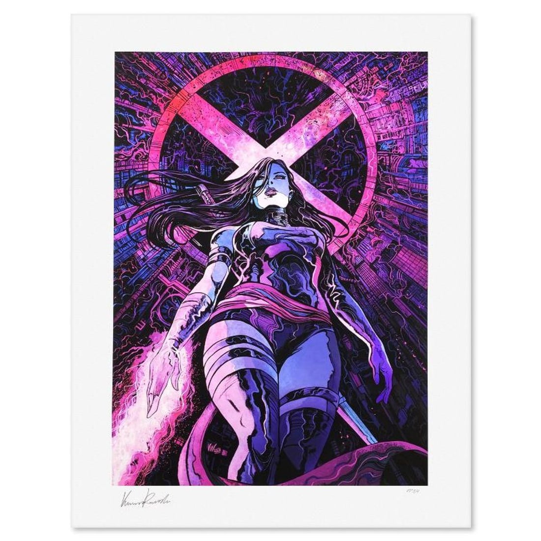 Marvel Comics & Vincenzo Riccardi, "Psylocke" Limited Edition, PP Numbered 3/4 and Signed with: Psylocke is a limited edition giclee on paper from Marvel Comics and Vincenzo Riccardi, PP numbered 3/4 and bearing the authorized signature of the artist. Includes Letter of Authenticity. Measures ap