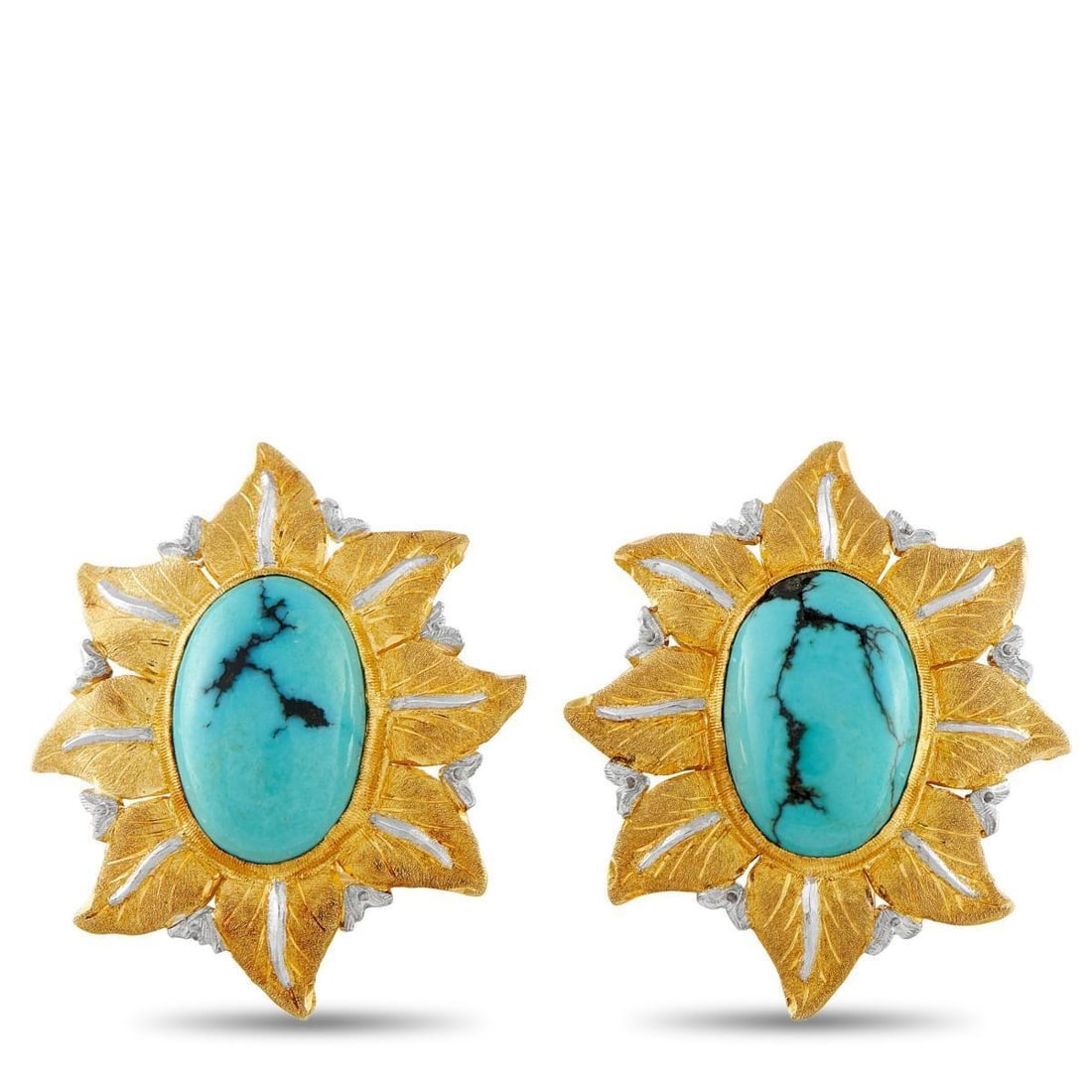 BUCCELLATI 18K YELLOW GOLD TURQUOISE EARRINGS: These Gianmaria Buccellati earrings will add texture and dimension to any ensemble. The stunning Turquoise center stones offer a unique pop of color. Crafted from 18K Yellow Gold, each earring measure