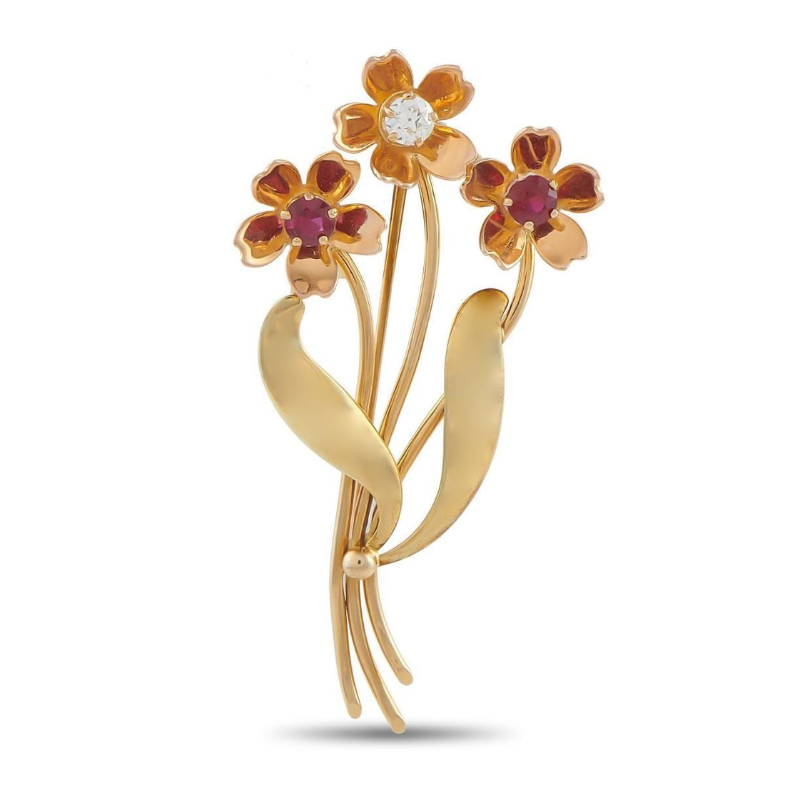 TIFFANY & CO. VINTAGE 14K YELLOW GOLD 0.50CT DIAMOND AND RUBY FLOWER BROOCH: This delicate Tiffany & Co. brooch allows to you add beautiful bouquet to any ensemble. Enhanced by intricate 14K Yellow Gold metalwork, the trio of flowers shine to life thanks to a 0.50 carat Diamon