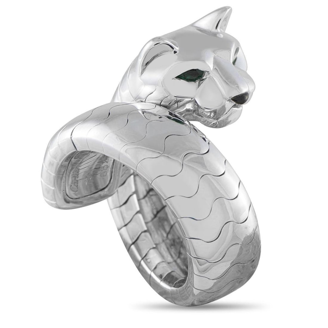 CARTIER PANTHRE LAKARDA 18K WHITE GOLD RING: This 18K white gold Cartier Panthere 'Lakarda' ring makes its presence known through its substantial 25.5-gram build. Curved grooves sweep along the coiled body, while the sharply defined head stands