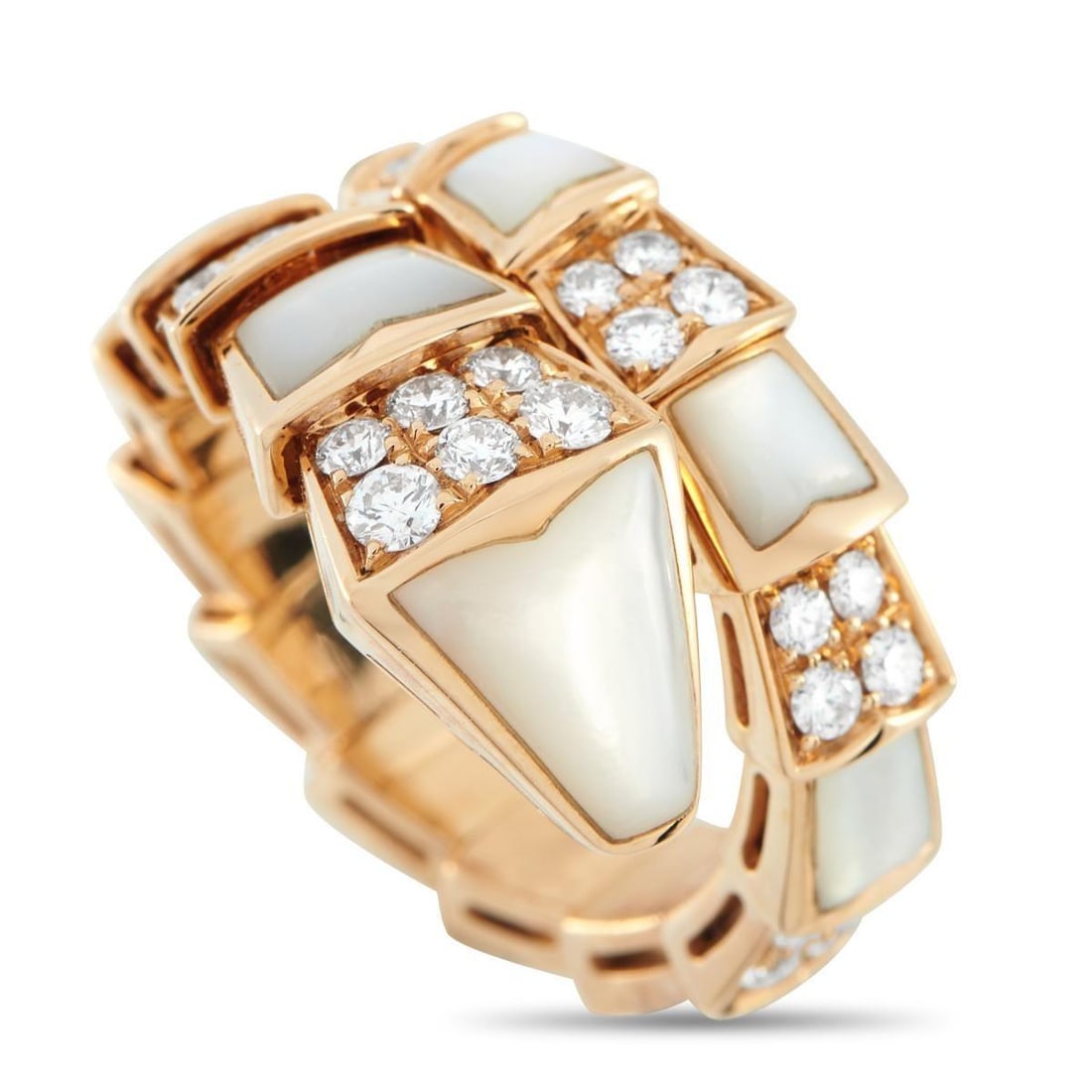 BVLGARI SERPENTI VIPER 18K ROSE GOLD 0.90CT DIAMOND AND MOTHER OF PEARL RING: Elegance and edge combine in this one-coil Bvlgari Serpenti Viper Ring. The sinuous coil, crafted in 18K rose gold, is detailed with glistening pav diamonds and luminous mother-of-pearl inlay on its s