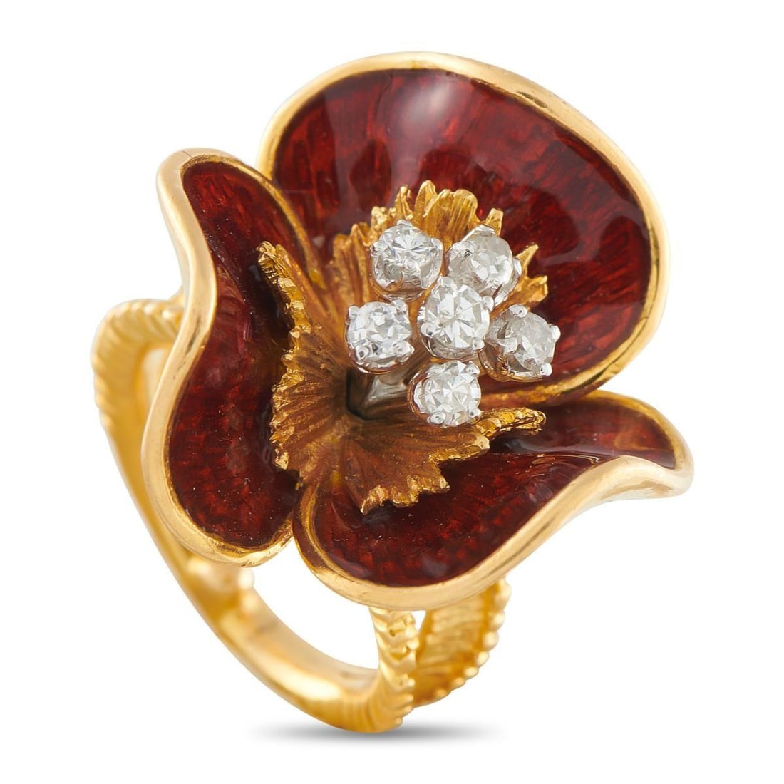 18K YELLOW GOLD 0.30CT DIAMOND AND ENAMEL FLOWER RING: Add a breathtaking pop of color to any ensemble with this luxury ring. A fabulous floral motif comes to life thanks to captivating Enamel accents. At the center, Diamonds totaling 0.30 carats make it