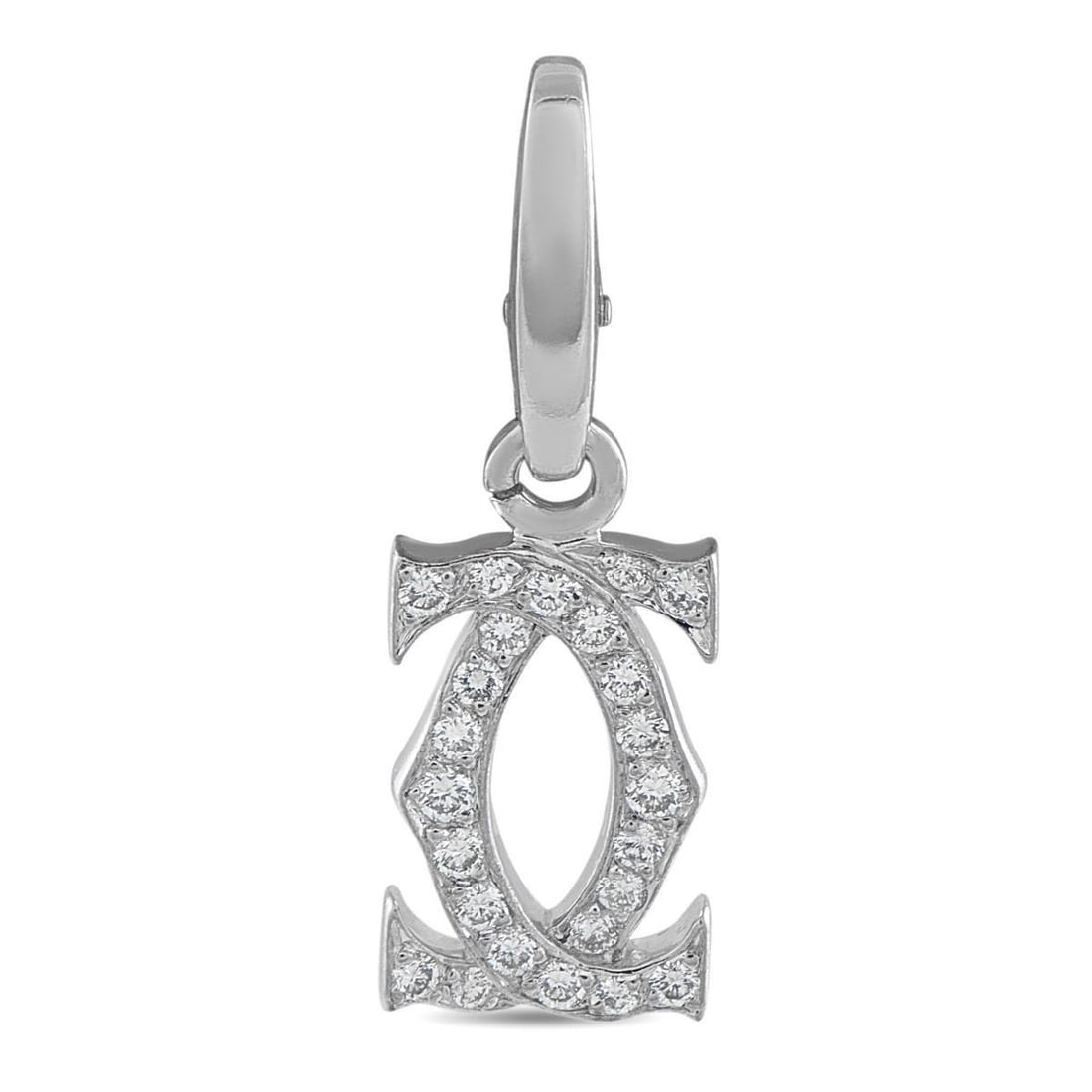 CARTIER DOUBLE C 18K WHITE GOLD DIAMOND CHARM: This Cartier Double C logo charm exudes upscale sophistication. Crafted from 18K White Gold, sparkling Diamonds make it instantly eye-catching. This iconic charm measures 1.0 long by 0.32 wide and is