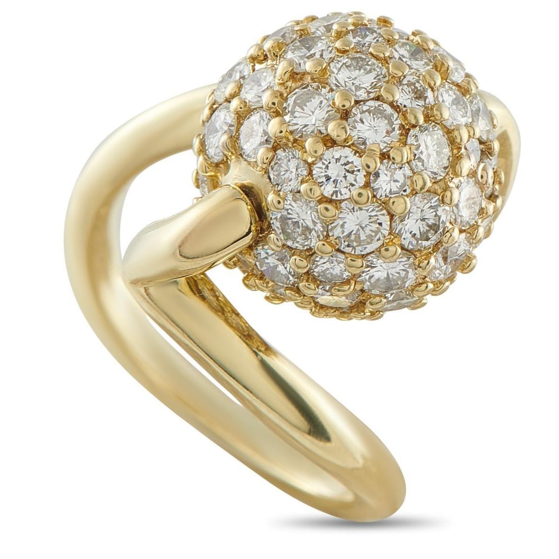 JOSE HESS 18K YELLOW GOLD 3.50CT DIAMOND RING: A unique design makes this Jose Hess ring simply unforgettable. The creative 18K Yellow Gold setting makes a subtle statement every time its worn. At the center, an orb covered in pav Diamonds