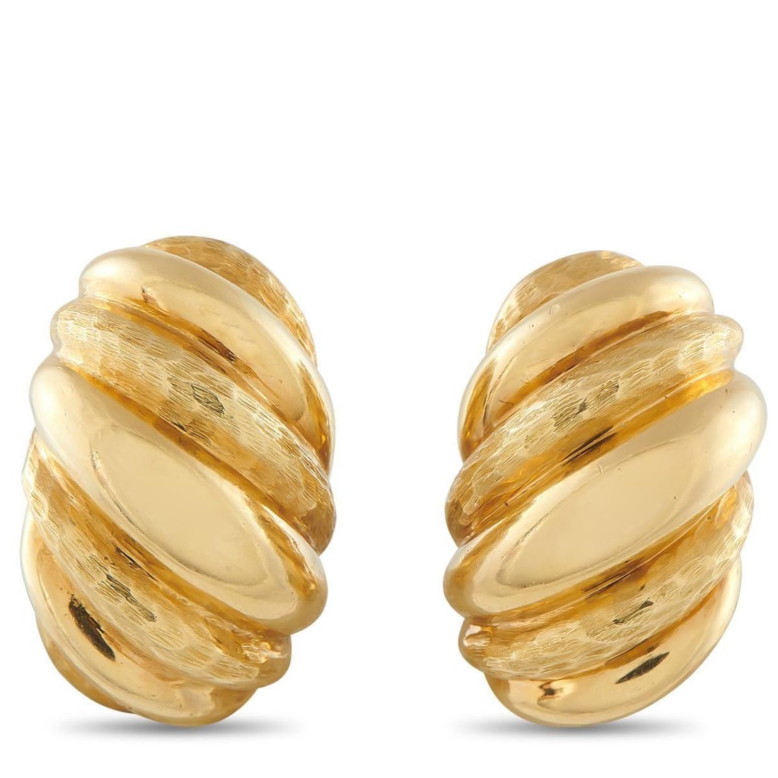 TIFFANY & CO. 18K YELLOW GOLD CLIP-ON EARRINGS: These opulent Tiffany & Co. earrings possess a stunning sense of movement. Crafted from 18K Yellow Gold, the sleek design features curved lines and classic elegance. A combination of textured and