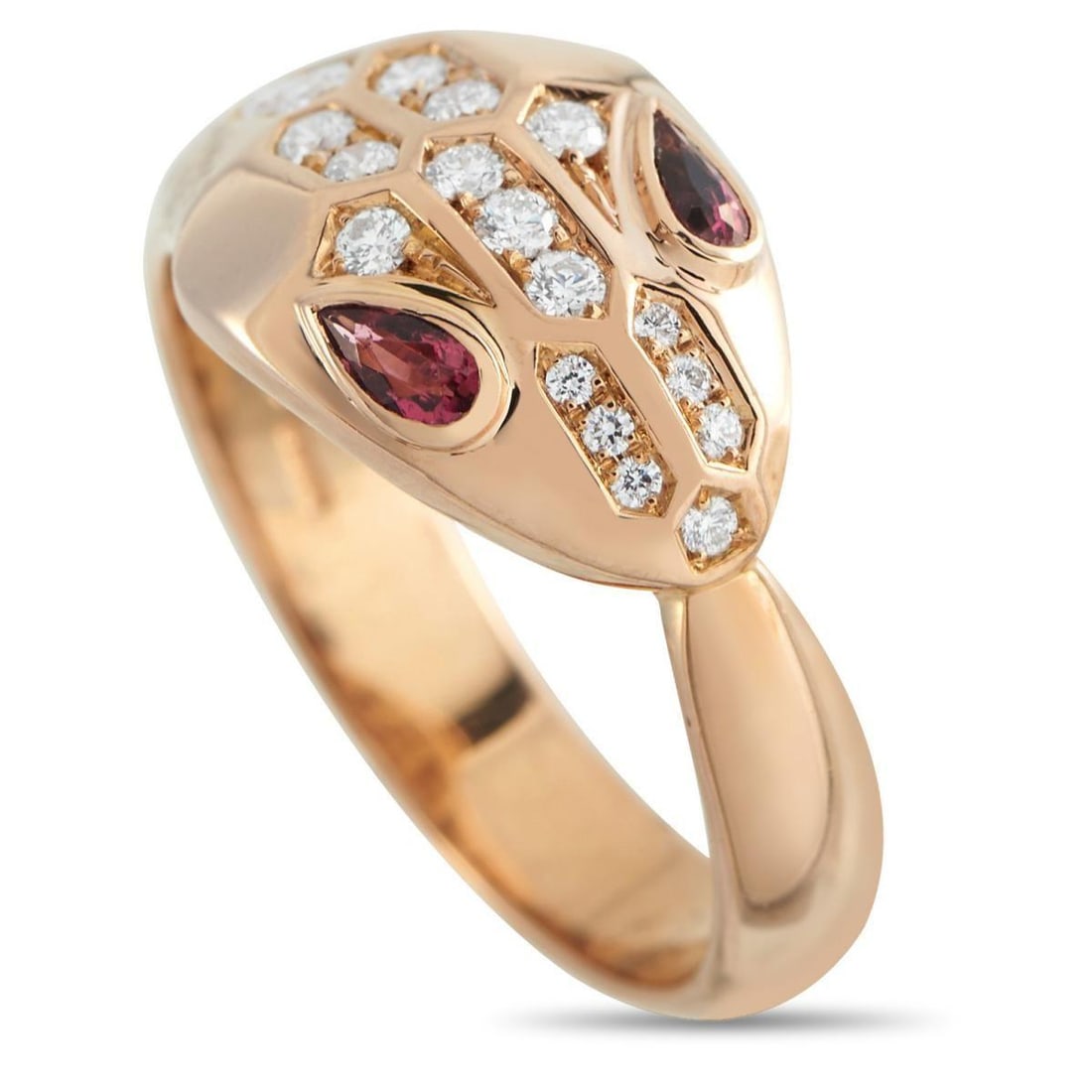 BVLGARI SERPENTI SEDUTTORI 18K ROSE GOLD DIAMOND AND TOURMALINE RING: Rendered in 18K rose gold, this signed and hallmarked Serpenti Seduttori ring evokes the hypnotic character long associated with the serpent. The asymmetrical band forms a drop-shaped snake head, set