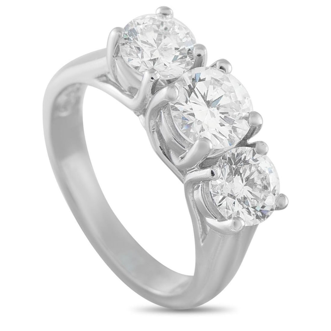 14K WHITE GOLD 2.35CT DIAMOND THREE-STONE RING: A classic three stone design ensures that this luxury ring will never go out of style. At the center of the 14K White Gold setting, a trio of Diamonds with a total weight of 2.35 carats effortlessly s