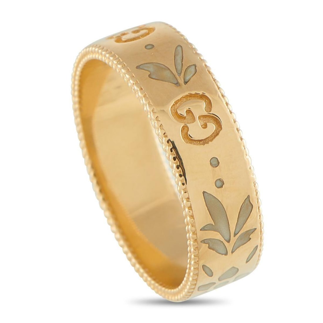 GUCCI ICON BLOOMS 18K ROSE GOLD RING: Substantial yet graceful on the finger, Gucci's Icon Blooms ring in 18K rose gold offers a distinctive touch of style to everyday wear. It features a semi-thick 7mm band defined by ridged edges. Its s