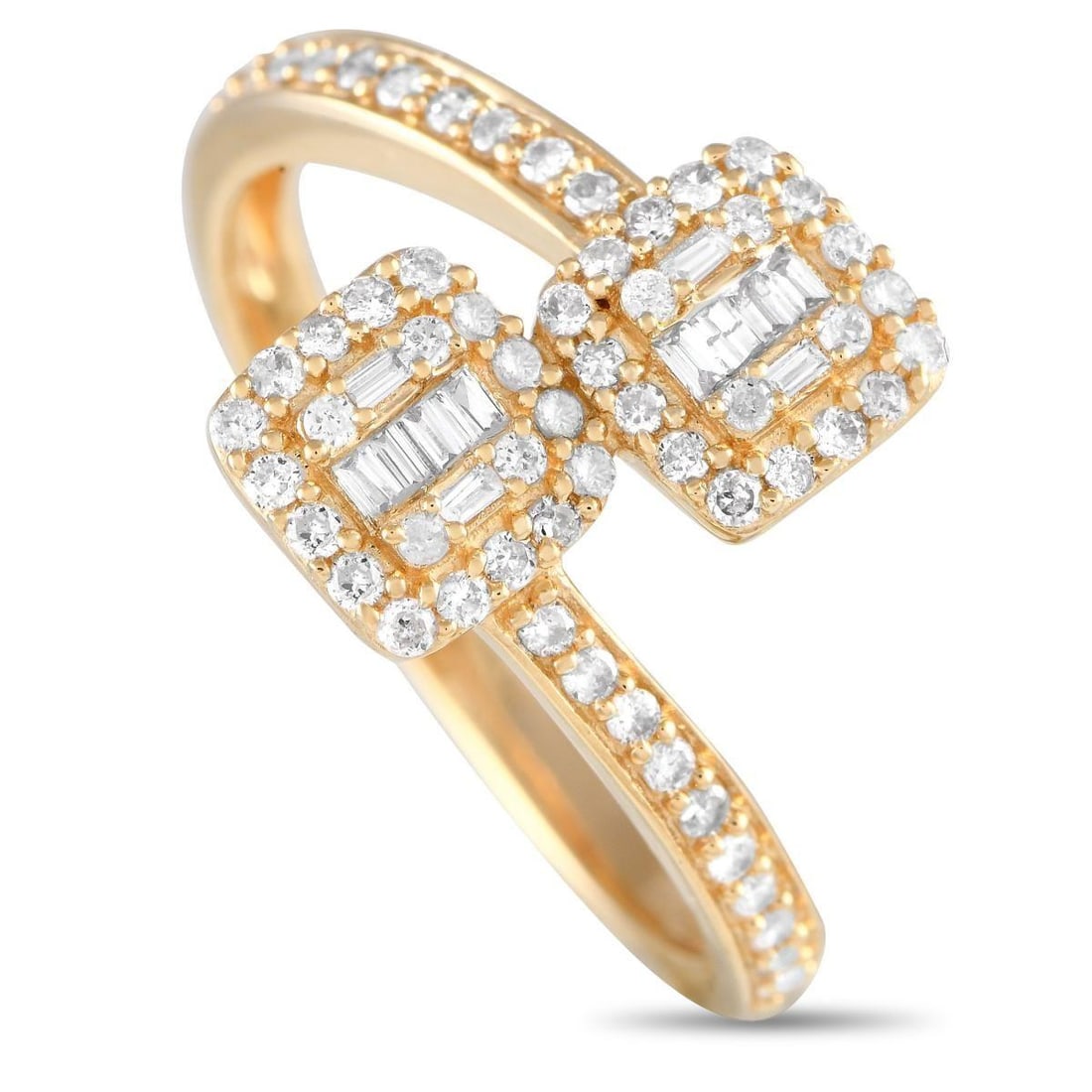 14K YELLOW GOLD 0.50CT DIAMOND BYPASS RING: Looking for something unexpected and utterly charming? Take a look at this bypass ring. It is rendered in 14K yellow gold, with a slim shank with diamond-traced shoulders. The two ends of the bypass s