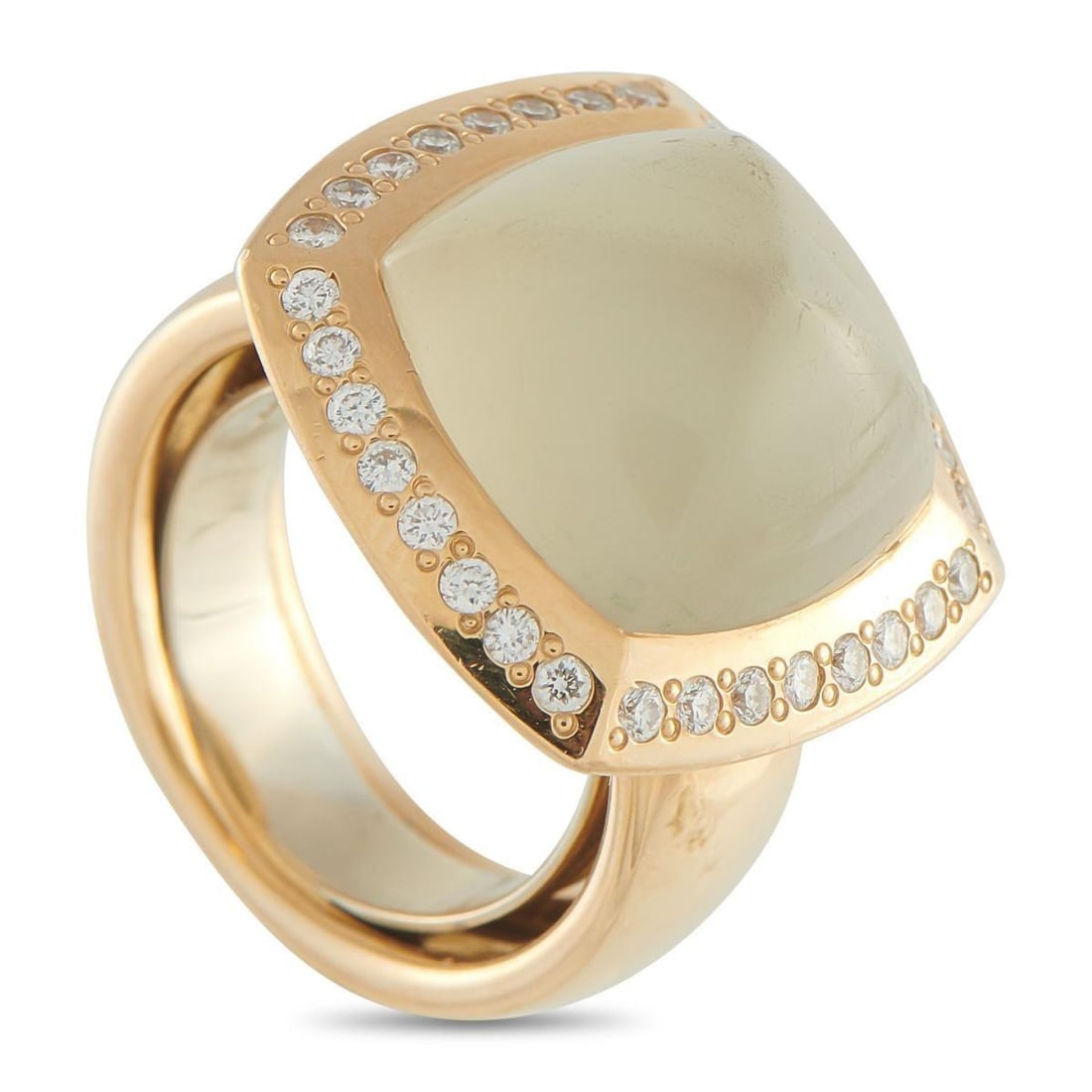 VALENTE MILANO 18K YELLOW GOLD 0.60CT DIAMOND AND SMOKY QUARTZ RING: At the center of this ring sits a smooth, sugarloaf cabochon of smoky quartz, its translucent glow perfectly complemented by the 18K yellow gold setting. Delicate white diamonds trace the cushion-shap