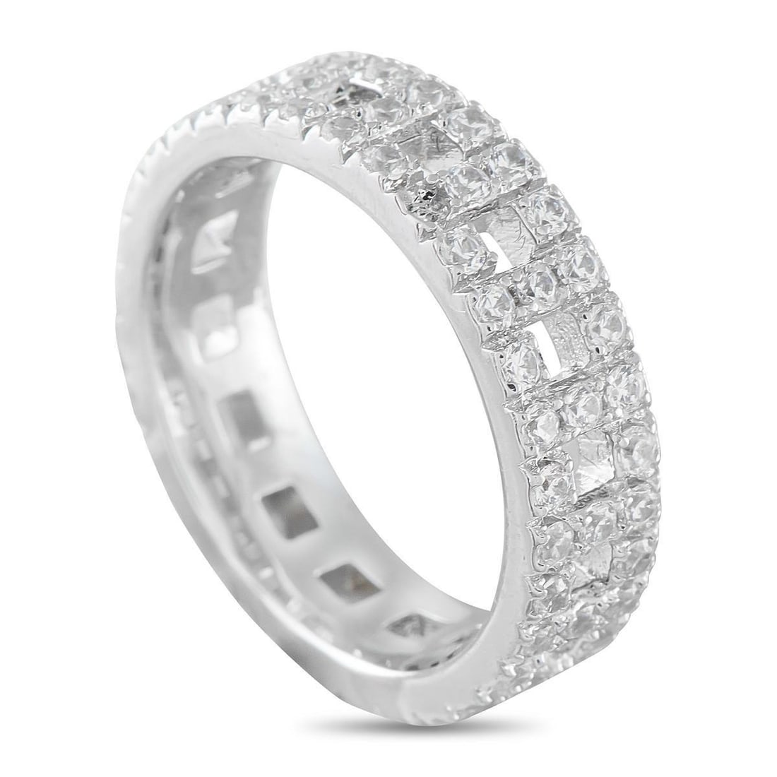 TIFFANY & CO. 18K WHITE GOLD 0.99CT DIAMOND WIDE BAND T RING: This Tiffany & Co. Tiffany T True Wide ring includes alternating links that form the letter T paying homage to the luxury brands iconic motif. Sparkling pav Diamonds with a total weight of 0.99 carats