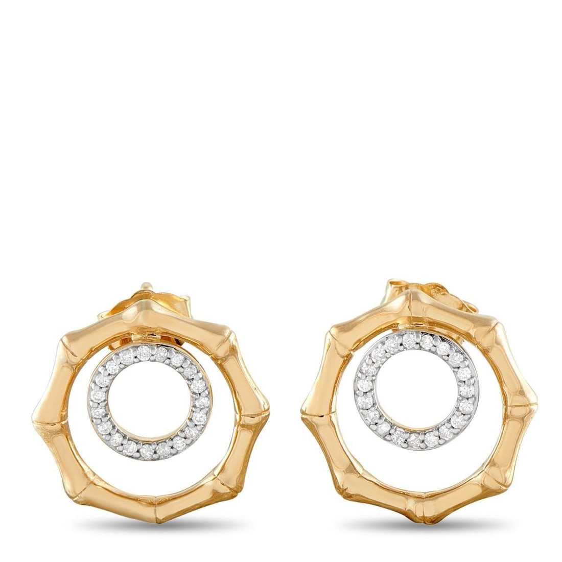 14K YELLOW GOLD 0.16CT DIAMOND OCTAGON EARRINGS: Minimal yet distinctive, these earrings make a quiet statement. They're crafted in 14K yellow gold and feature an off-centered, diamond-studded hoop. Surrounding this ring is a polished octagonal fram