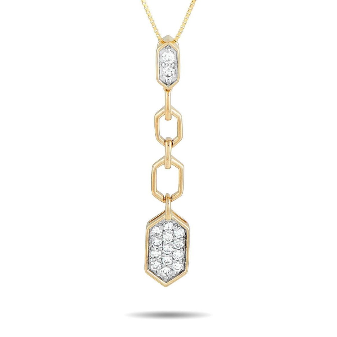 14K YELLOW GOLD 0.25CT DIAMOND HEXAGON NECKLACE: Structured, striking, and effortlessly wearable. This piece showcases a vertical cascade of four hexagons, each with its own character. It starts with a petite hexagon accented by two round diamonds,