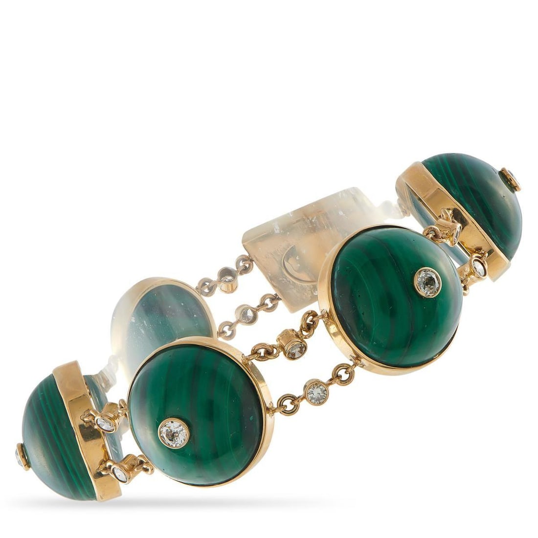 14K YELLOW GOLD 1.80CT DIAMOND AND MALACHITE BRACELET: This luxury bracelet is charming and sophisticated. The 14K Yellow Gold setting comes to life thanks to bold Malachite gemstones, which add color, texture, and dimension to the overall design. Bezel-s