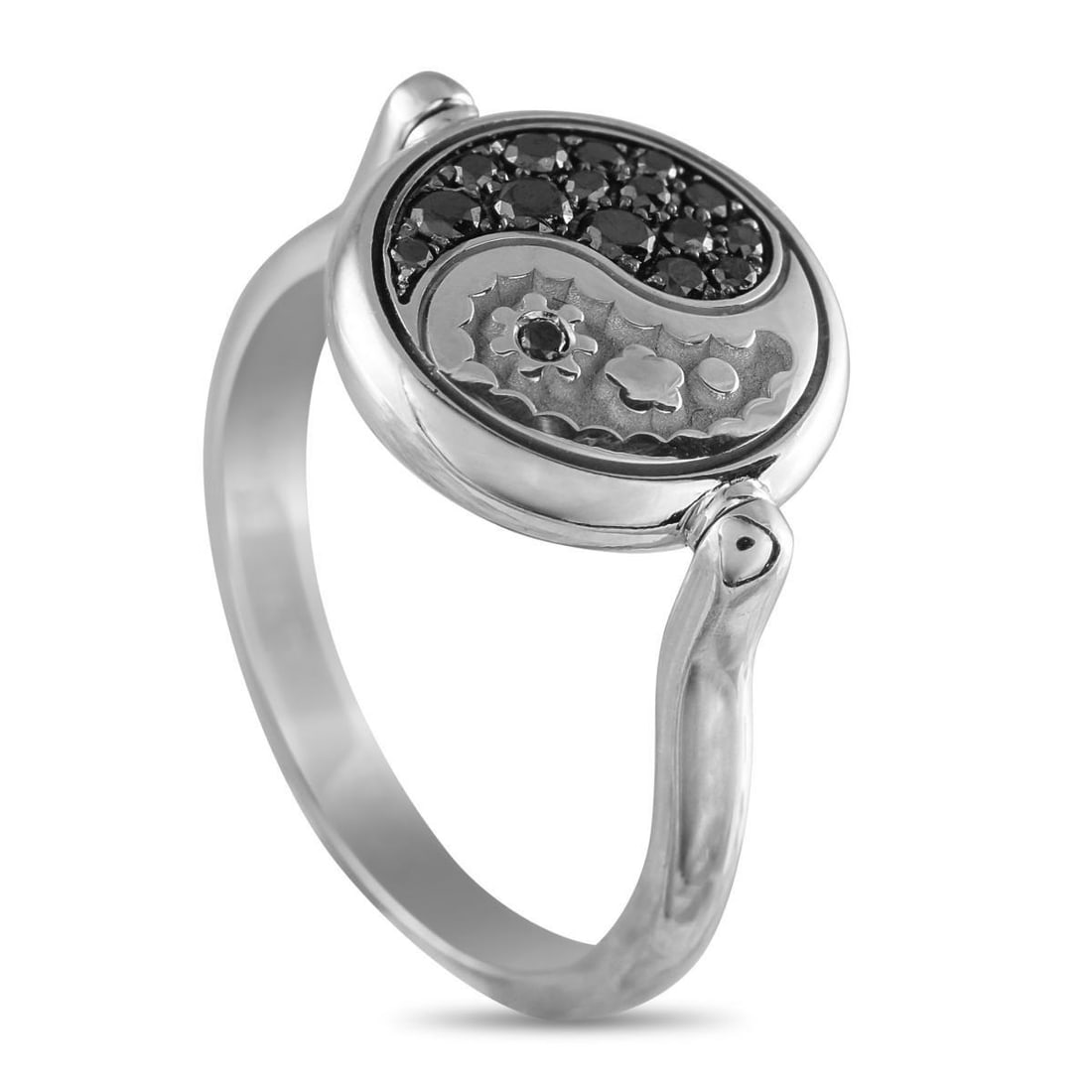 CARRERA Y CARRERA 18K WHITE GOLD 0.45CT DIAMOND YIN YANG RING: The classic yin yang design gets an elegant upgrade on this stylish Carrera Y Carrera ring. At the center, the spiritual symbol comes to life thanks to floral motifs and Diamonds with a total weight o