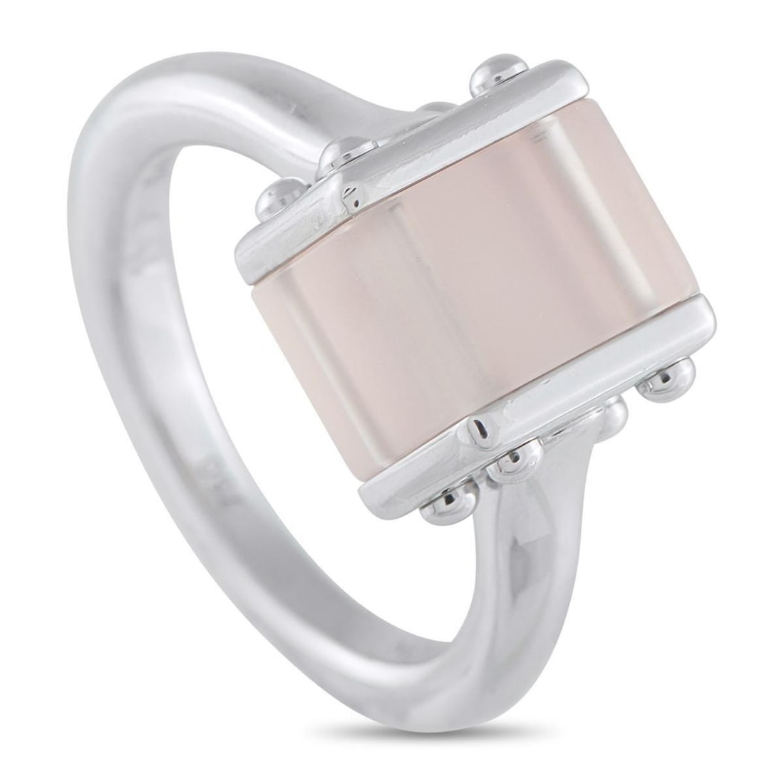 LOUIS VUITTON 18K WHITE GOLD ROSE QUARTZ RING: Add a stylish pop of color to any ensemble with this Louis Vuitton ring. Rose Quartz is said to foster emotional healing and promote harmony in relationships here, a rectangular Rose Quartz is