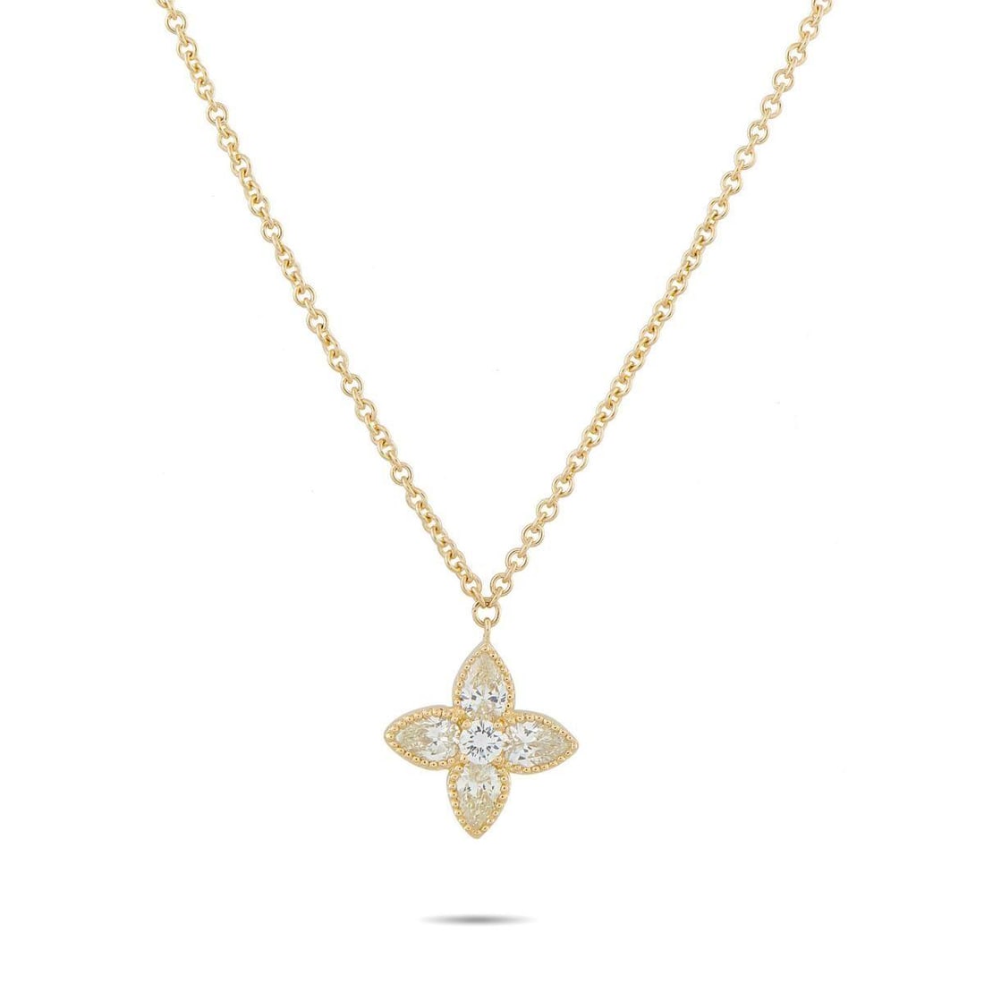 18K YELLOW GOLD 0.95CT DIAMOND NECKLACE: Theres something captivating about this elegant luxury necklace. Lustrous 18K Yellow Gold elevates the classically elegant pendant, which comes to life thanks to intricate beaded accents and Diamonds
