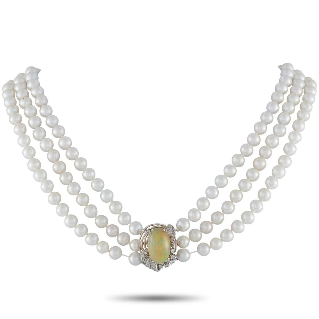 0.50CT DIAMOND, OPAL, AND PEARL MULTI-STRAND NECKLACE: Ideal for even your most special occasions, this luxury necklace exudes old fashioned elegance. A triple strand of 7mm Pearls makes it an instant classic. At the center of this 15 necklace, a