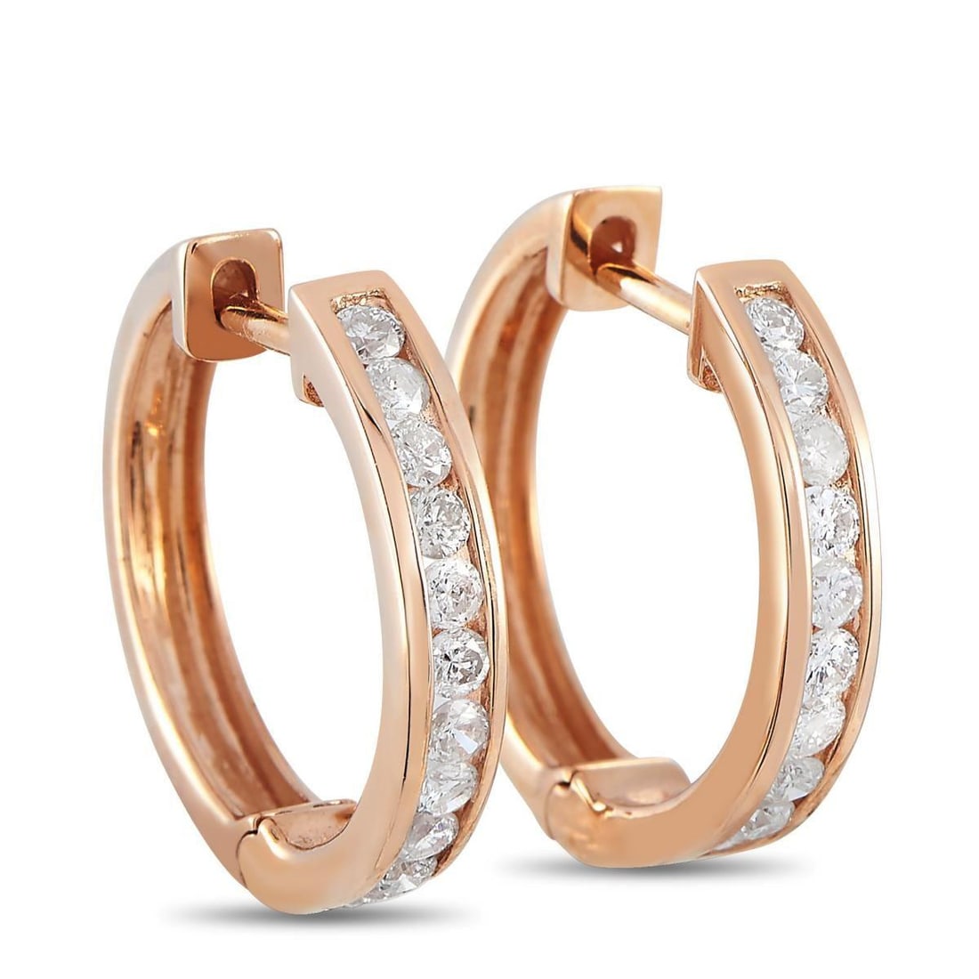 0.50CT 14K ROSE GOLD DIAMOND HOOP EARRINGS: Made of alluring 14K rose gold and gorgeously embellished with 0.50 carats of sublime diamond stones, these lovely hoop earrings boast a delightfully feminine appeal. Category: Earring Condition: